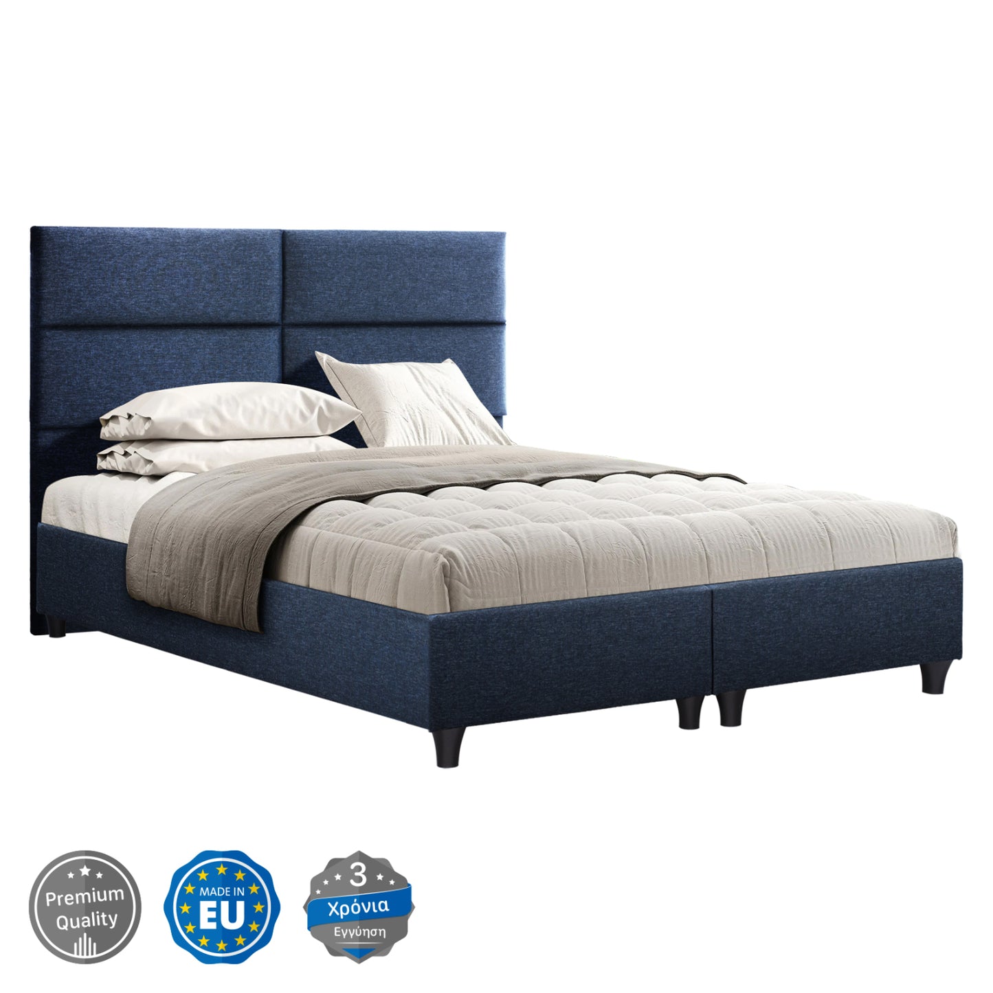 Hm616.08 bed, blue fabric, for mattress 160x200, headboard, with 2 underlays instead of bed boards