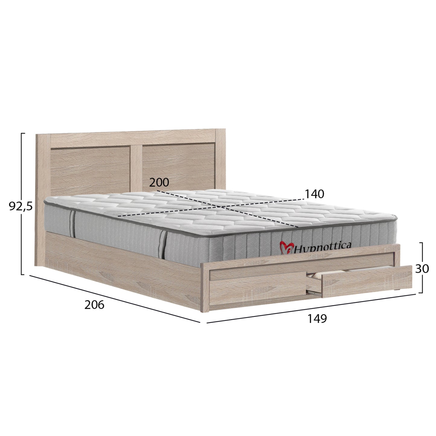 DOUBLE BED CAPRI WITH 2 DRAWERS & MATTRESS HM10759.02 MELAMINE SONAMA--FOR 140x200cm.