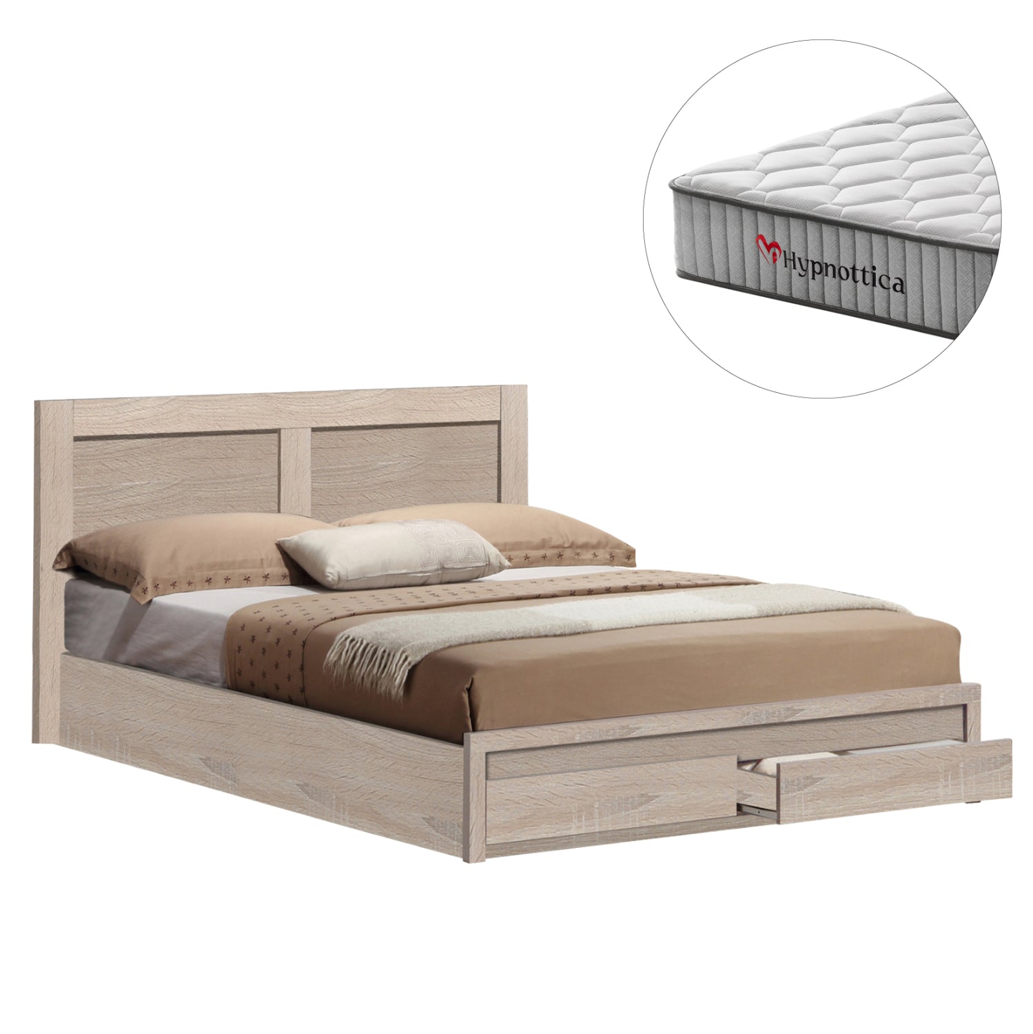 DOUBLE BED CAPRI WITH 2 DRAWERS & MATTRESS HM10759.02 MELAMINE SONAMA--FOR 140x200cm.