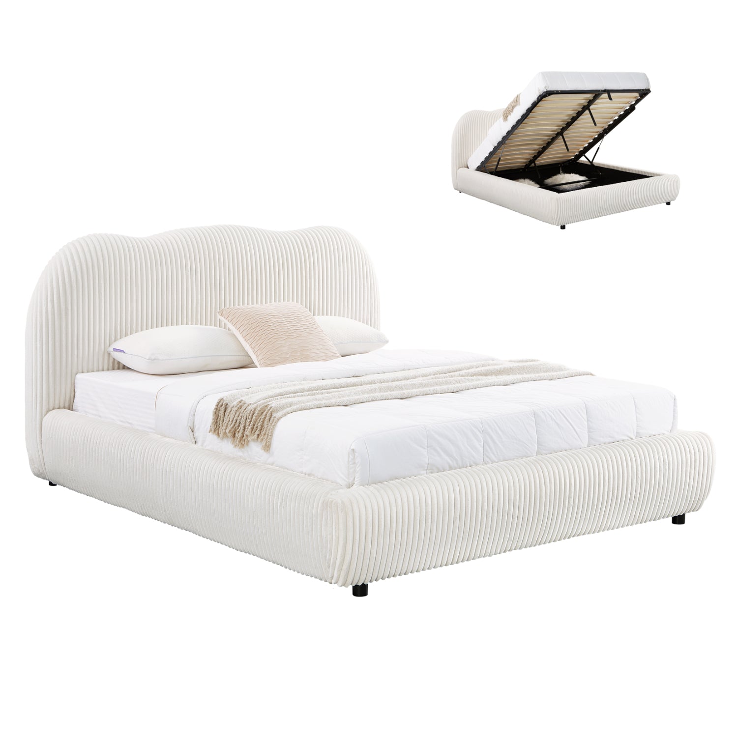 DOUBLE BED WITH STORAGE SPACE KALLY HM729.03 BEIGE FAUX FUR FABRIC--MATTRESS 160x200cm.