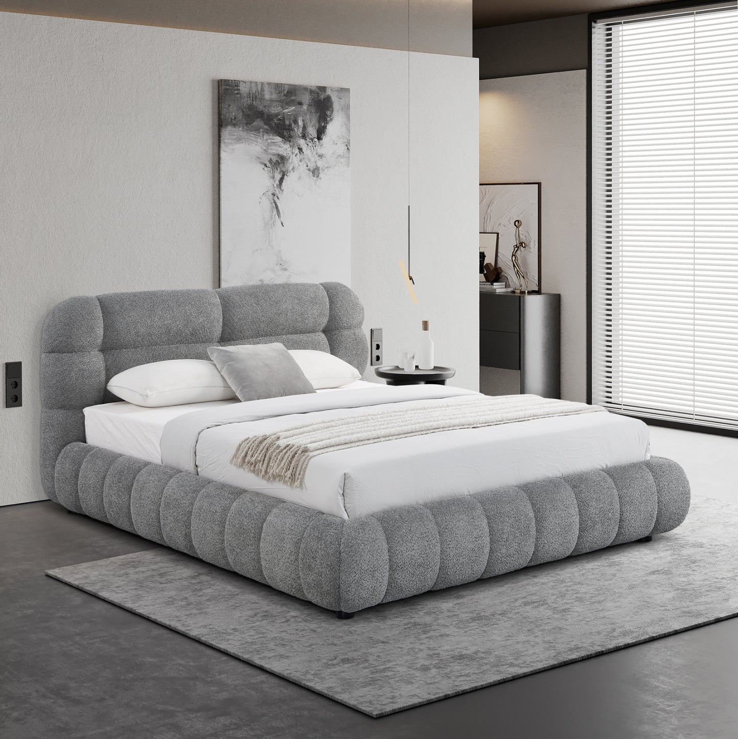 DOUBLE BED WITH STORAGE SPACE MOLEN HM730.01 GREY BOUCLE FABRIC--MATTRESS 160x200cm.