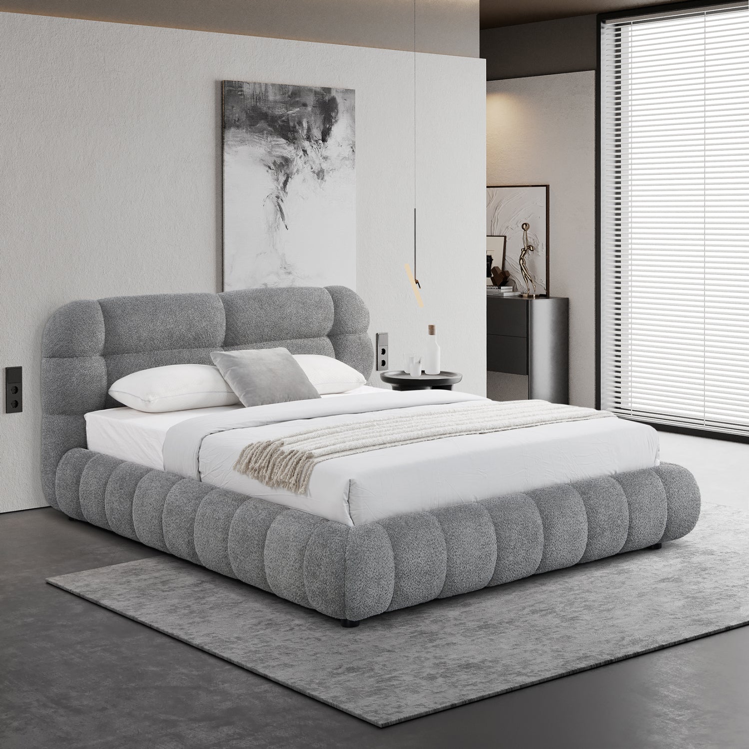 DOUBLE BED WITH STORAGE SPACE MOLEN HM730.01 GREY BOUCLE FABRIC--MATTRESS 160x200cm.