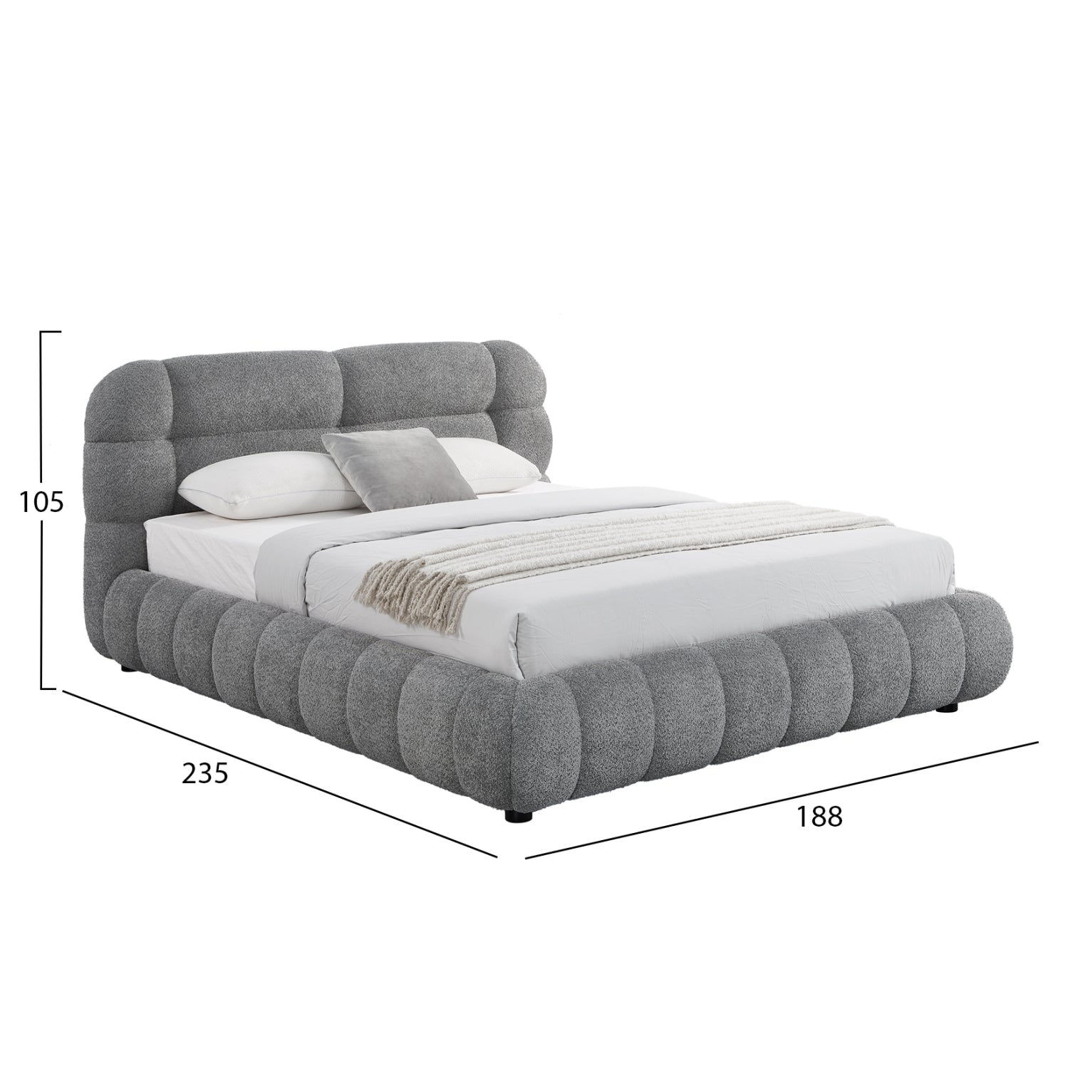 DOUBLE BED WITH STORAGE SPACE MOLEN HM730.01 GREY BOUCLE FABRIC--MATTRESS 160x200cm.