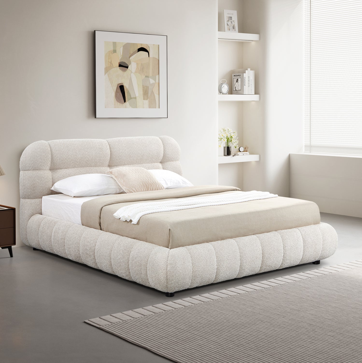 DOUBLE BED WITH STORAGE SPACE MOLEN HM730.03 BEIGE BOUCLE FABRIC--MATTRESS 160x200cm.