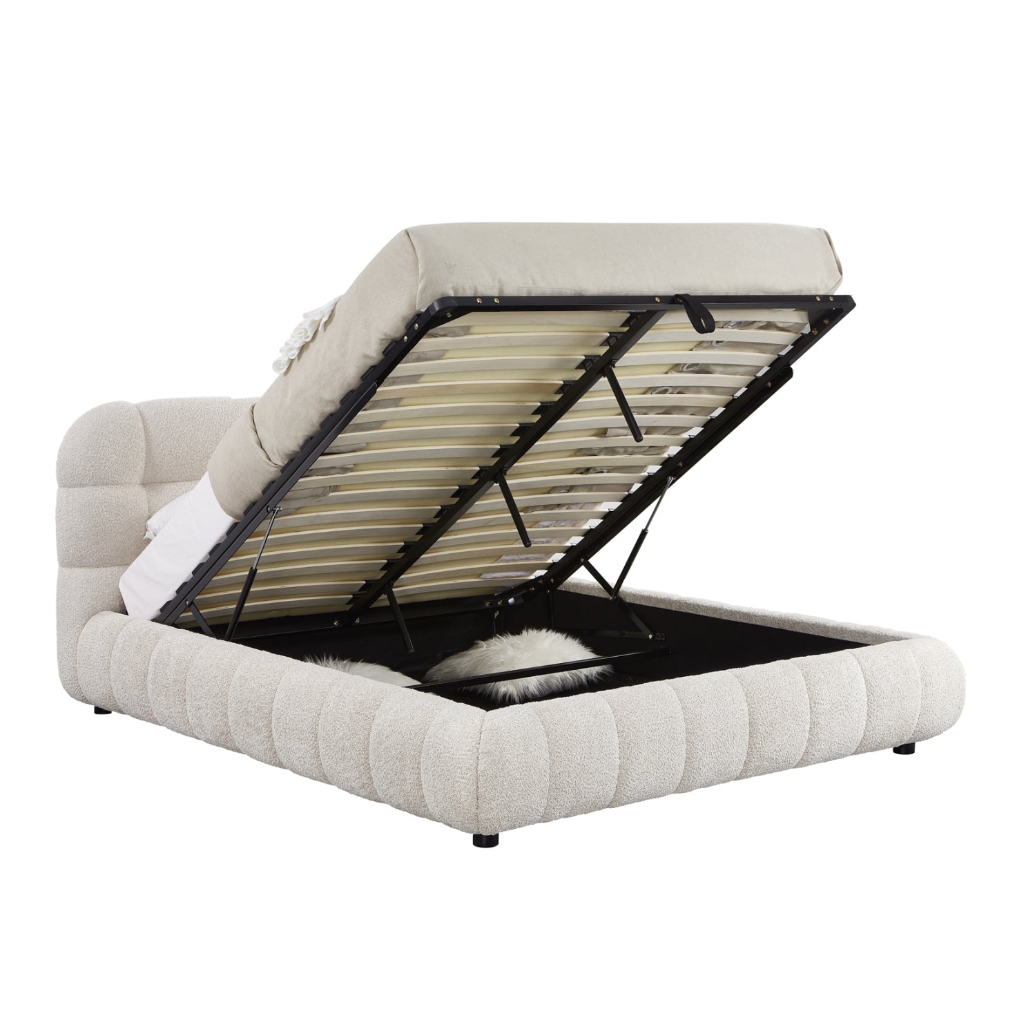 DOUBLE BED WITH STORAGE SPACE MOLEN HM730.03 BEIGE BOUCLE FABRIC--MATTRESS 160x200cm.