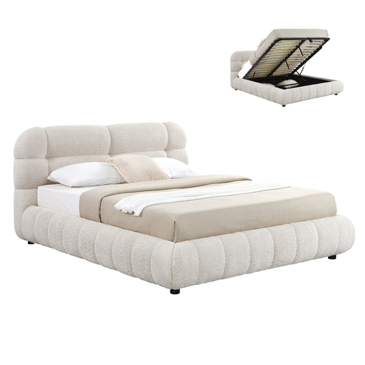 DOUBLE BED WITH STORAGE SPACE MOLEN HM730.03 BEIGE BOUCLE FABRIC--MATTRESS 160x200cm.