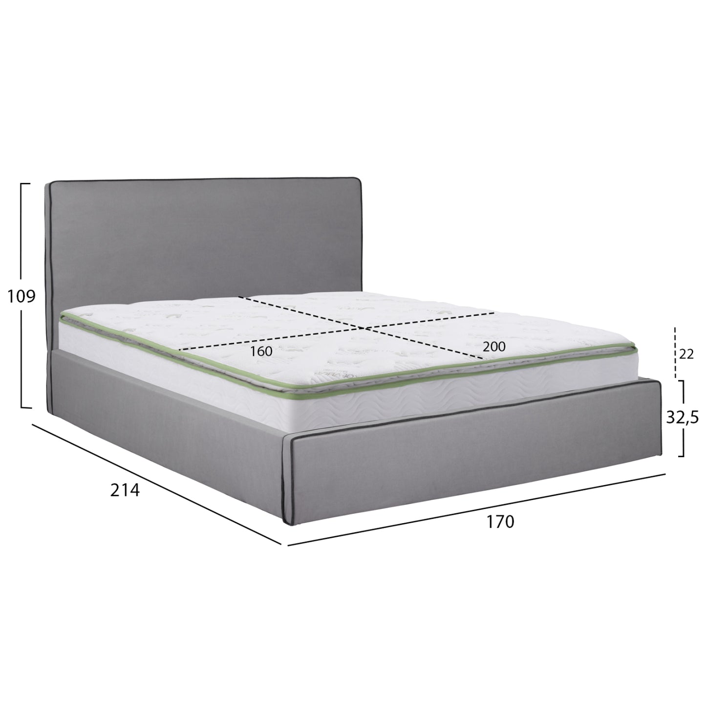 DOUBLE BED WITH MATTRESS & STORAGE SPACE ALLIE HM21170 GREY FABRIC--FOR 160X200cm.