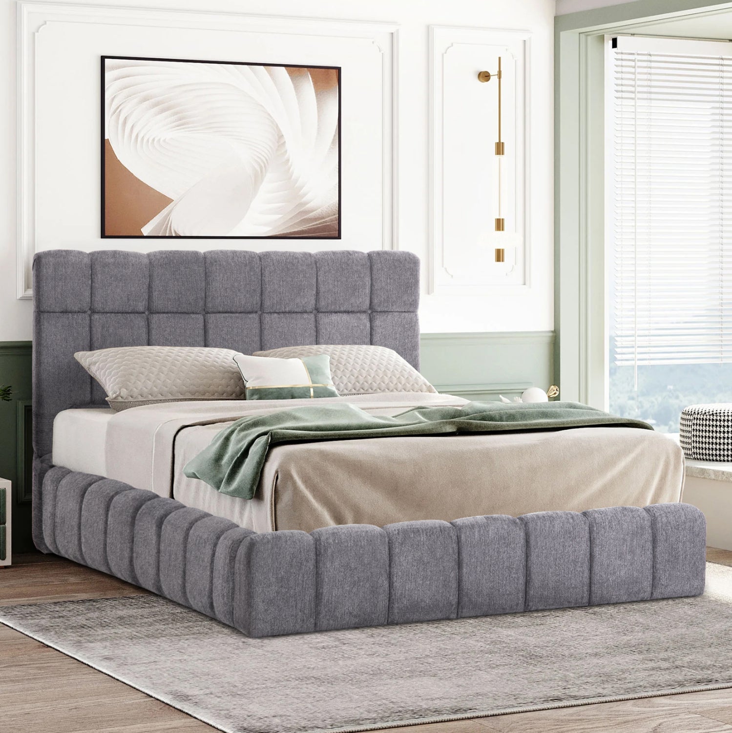 DOUBLE BED WITH MATTRESS & STORAGE SPACE RAMON HM21168 GREY BOUCLE FABRIC--FOR 160x200cm.