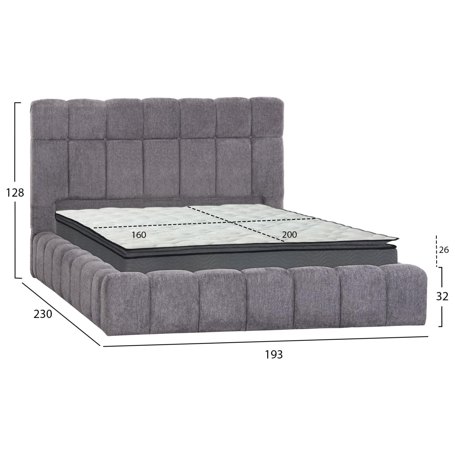 DOUBLE BED WITH MATTRESS & STORAGE SPACE RAMON HM21168 GREY BOUCLE FABRIC--FOR 160x200cm.