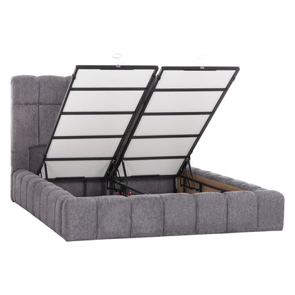 DOUBLE BED WITH MATTRESS & STORAGE SPACE RAMON HM21168 GREY BOUCLE FABRIC--FOR 160x200cm.