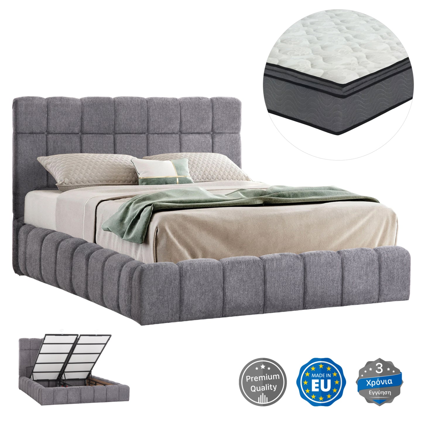 DOUBLE BED WITH MATTRESS & STORAGE SPACE RAMON HM21168 GREY BOUCLE FABRIC--FOR 160x200cm.