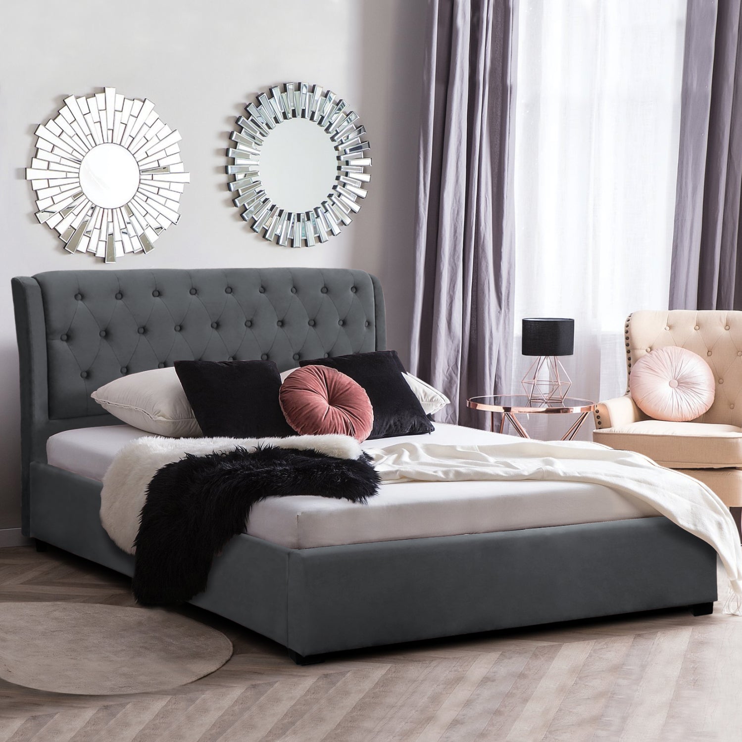 DOUBLE BED WITH MATTRESS ODALYS HM10748.11 VELVET IN GREY--FOR MATTRESS 150x200cm.