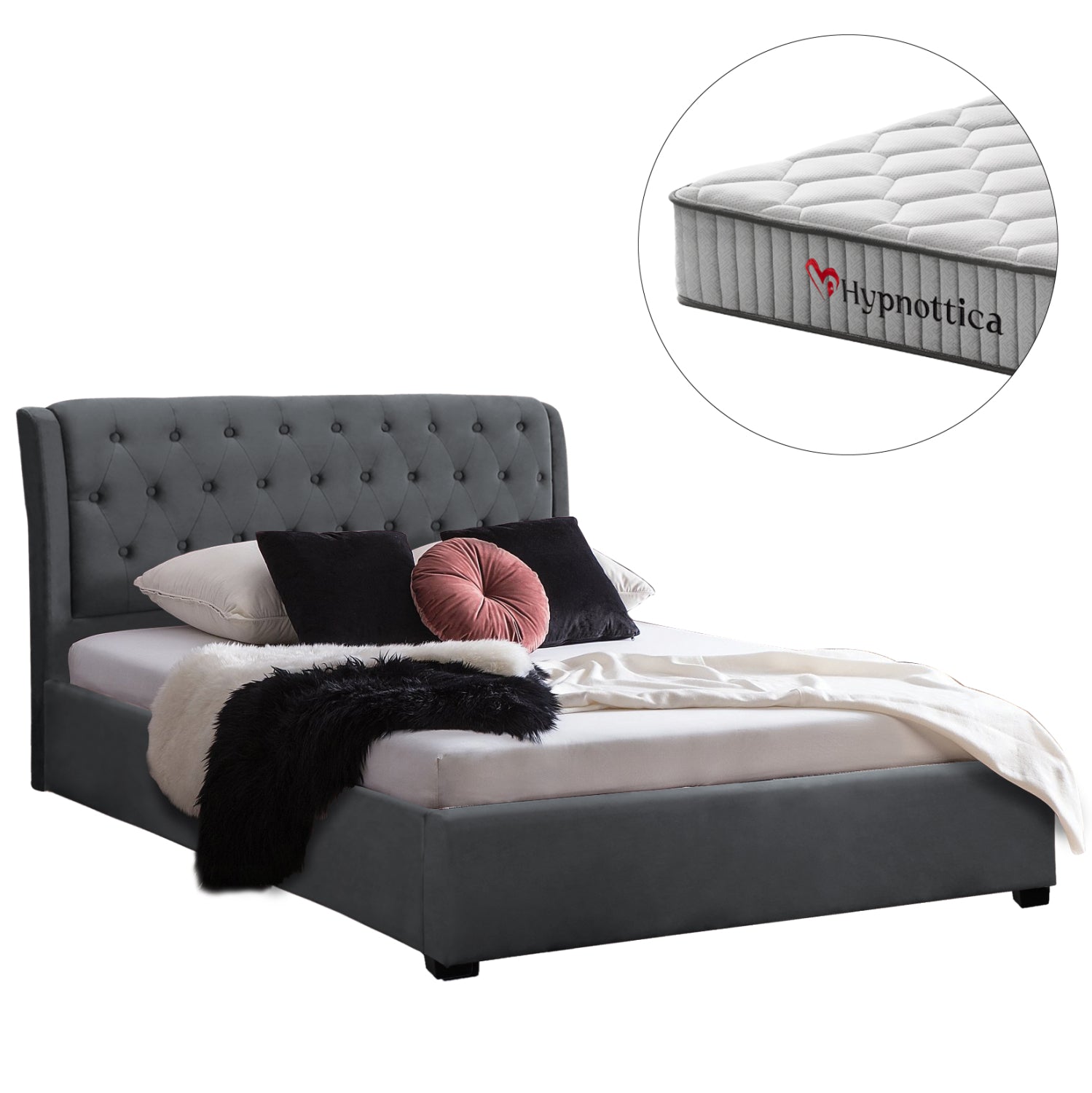 DOUBLE BED WITH MATTRESS ODALYS HM10761.01 VELVET IN GREY--FOR MATTRESS 150x200cm.