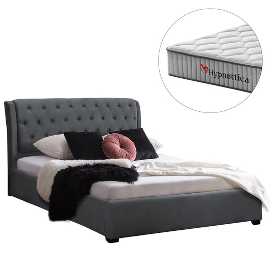 DOUBLE BED WITH MATTRESS ODALYS HM10761.01 VELVET IN GREY--FOR MATTRESS 150x200cm.