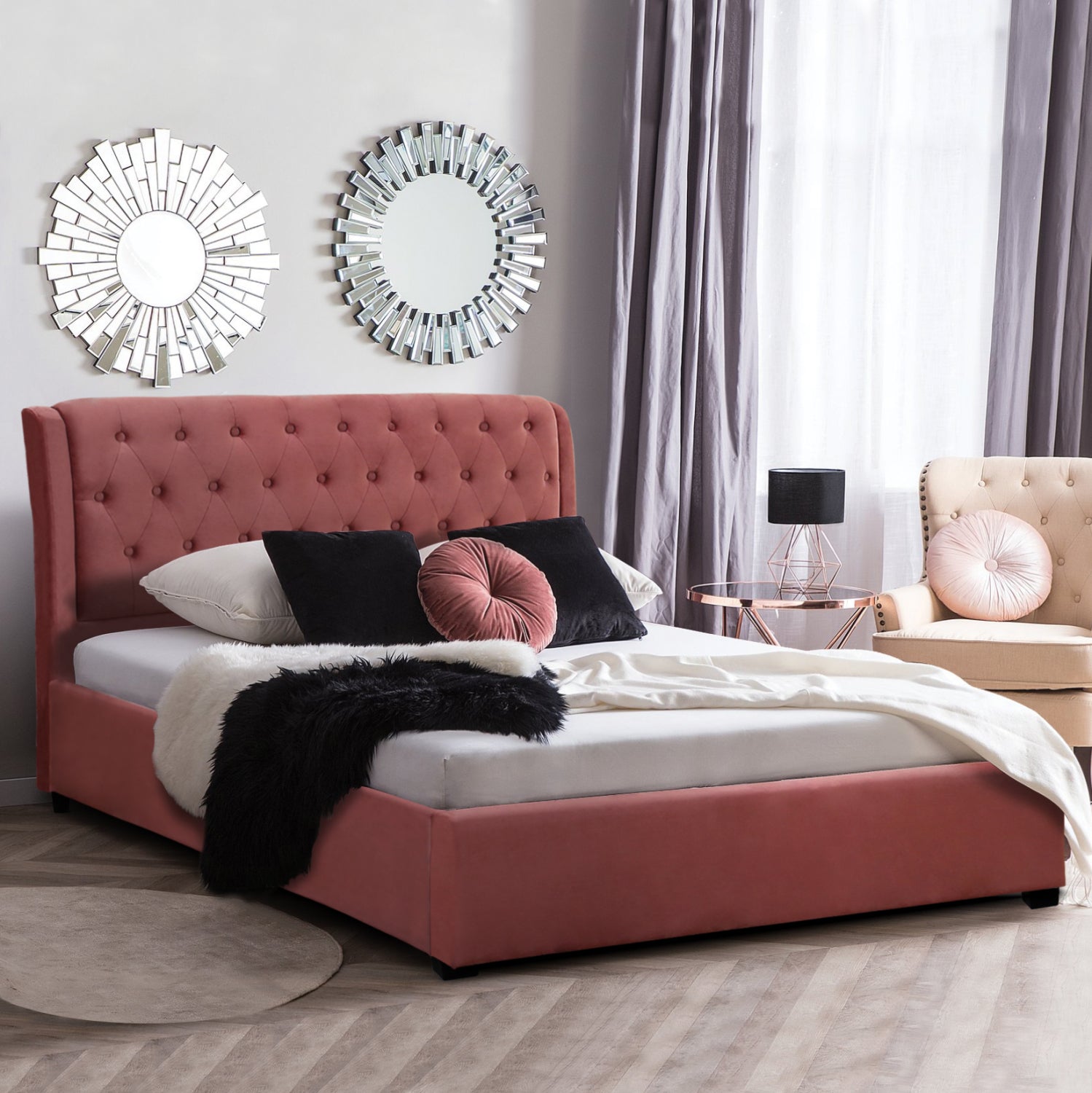 DOUBLE BED WITH MATTRESS ODALYS HM10761.02 VELVET IN DUSTY PINK--FOR MATTRESS 150x200cm.