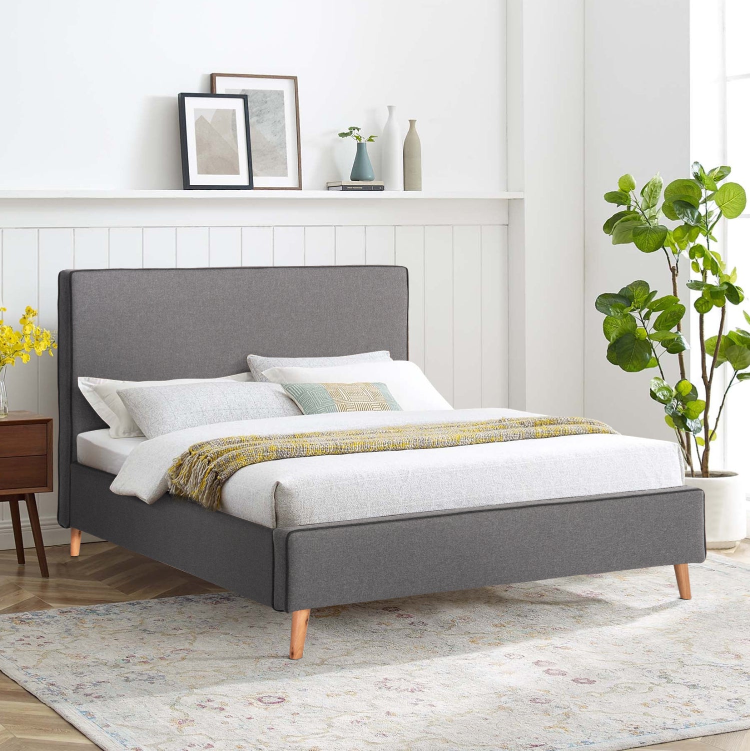 DOUBLE BED WITH MATTRESS INDRA HM10769.01 GREY FABRIC--FOR MATTRESS 160x200cm.