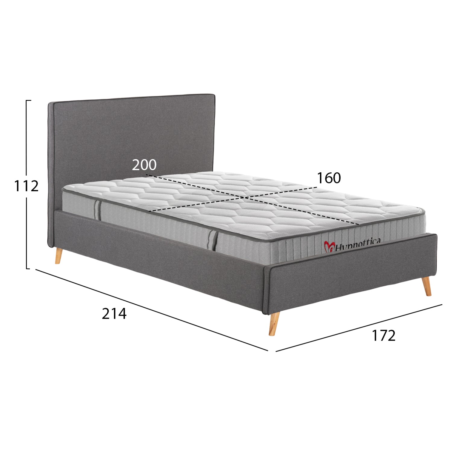 DOUBLE BED WITH MATTRESS INDRA HM10769.01 GREY FABRIC--FOR MATTRESS 160x200cm.