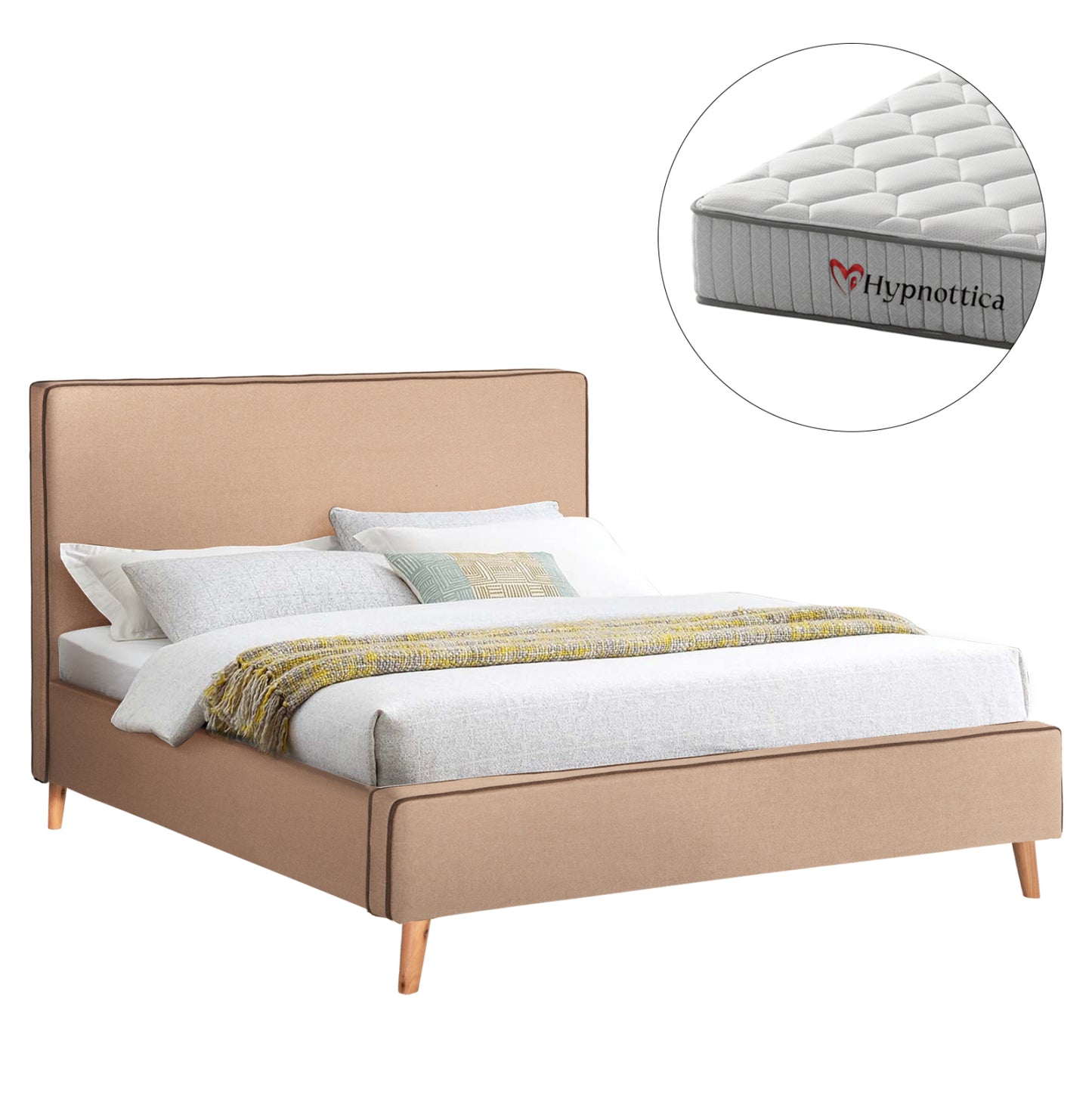 DOUBLE BED WITH MATTRESS INDRA HM10769.02 BEIGE FABRIC--FOR MATTRESS 160x200cm.