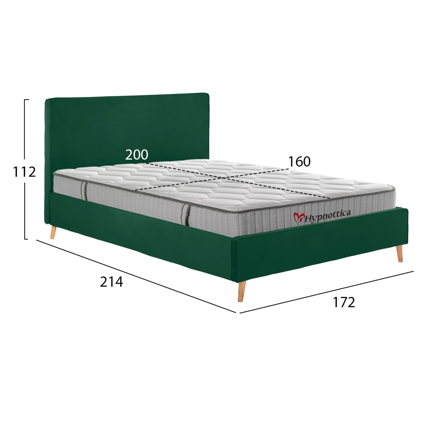 DOUBLE BED WITH MATTRESS INDRA HM10769.04 CYPRESS GREEN VELVET--FOR MATTRESS 160x200cm.