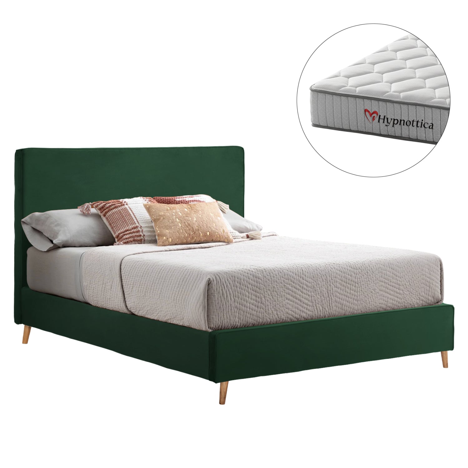 DOUBLE BED WITH MATTRESS INDRA HM10769.04 CYPRESS GREEN VELVET--FOR MATTRESS 160x200cm.
