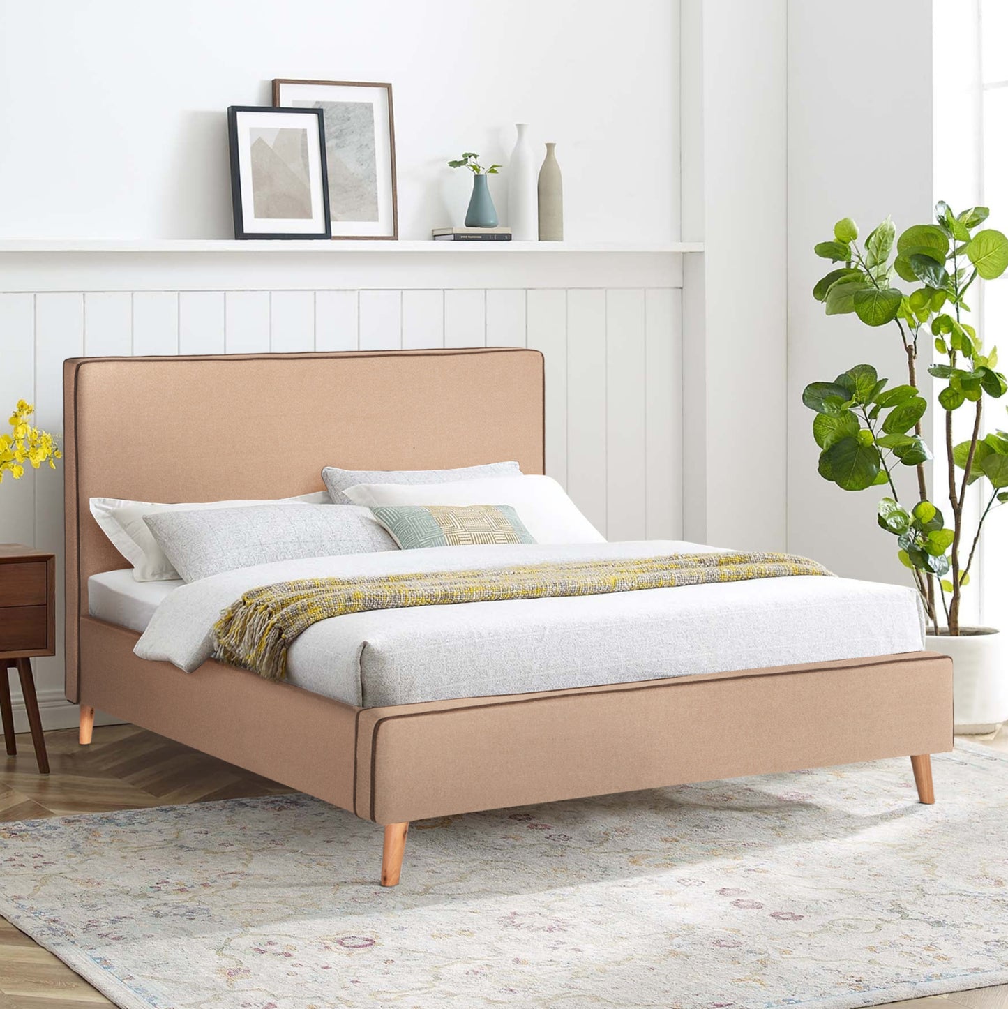 DOUBLE BED WITH MATTRESS INDRA HM10810.02 BEIGE FABRIC--FOR MATTRESS 160x200cm.