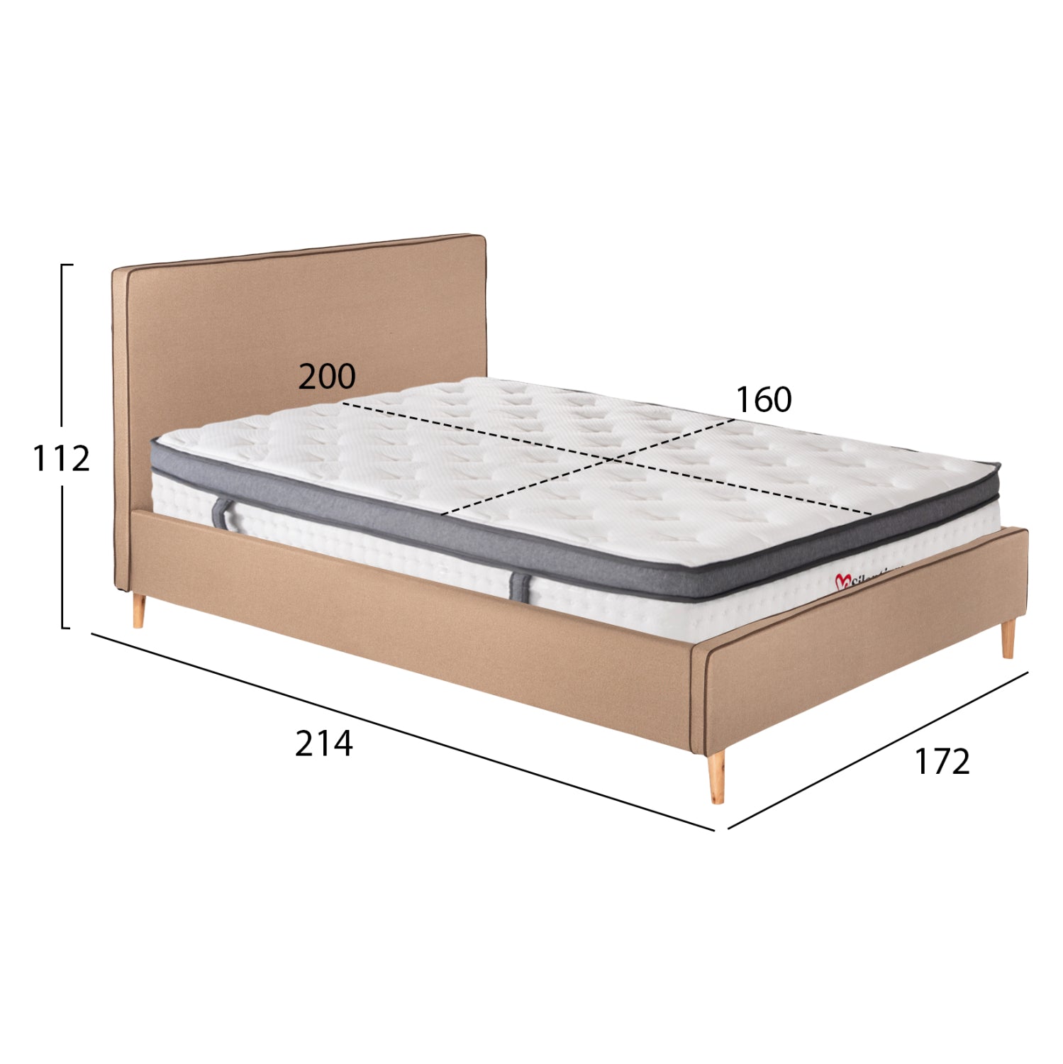 DOUBLE BED WITH MATTRESS INDRA HM10810.02 BEIGE FABRIC--FOR MATTRESS 160x200cm.
