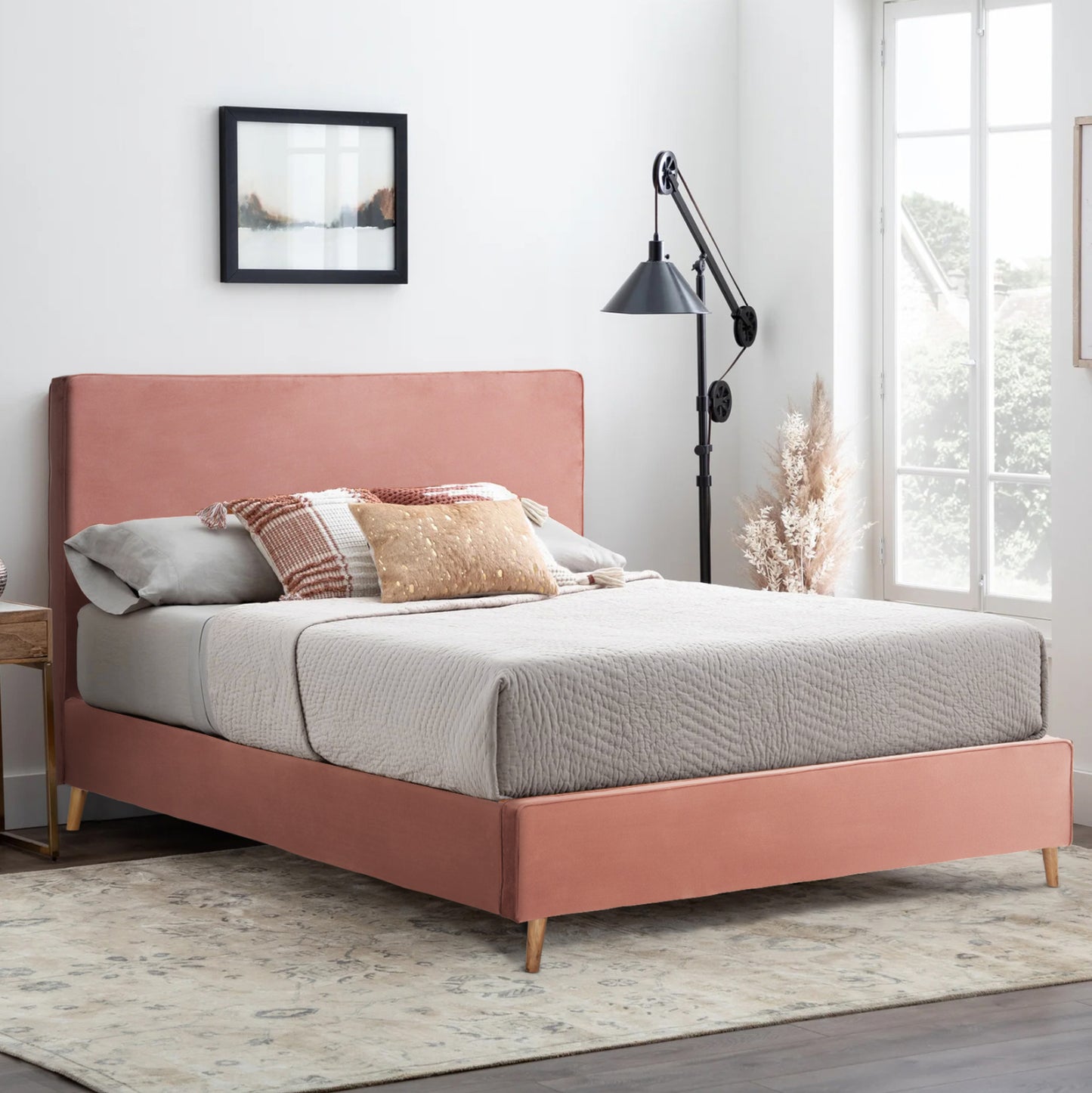 DOUBLE BED WITH MATTRESS INDRA HM10810.12 DUSTY PINK VELVET--FOR MATTRESS 160x200cm.