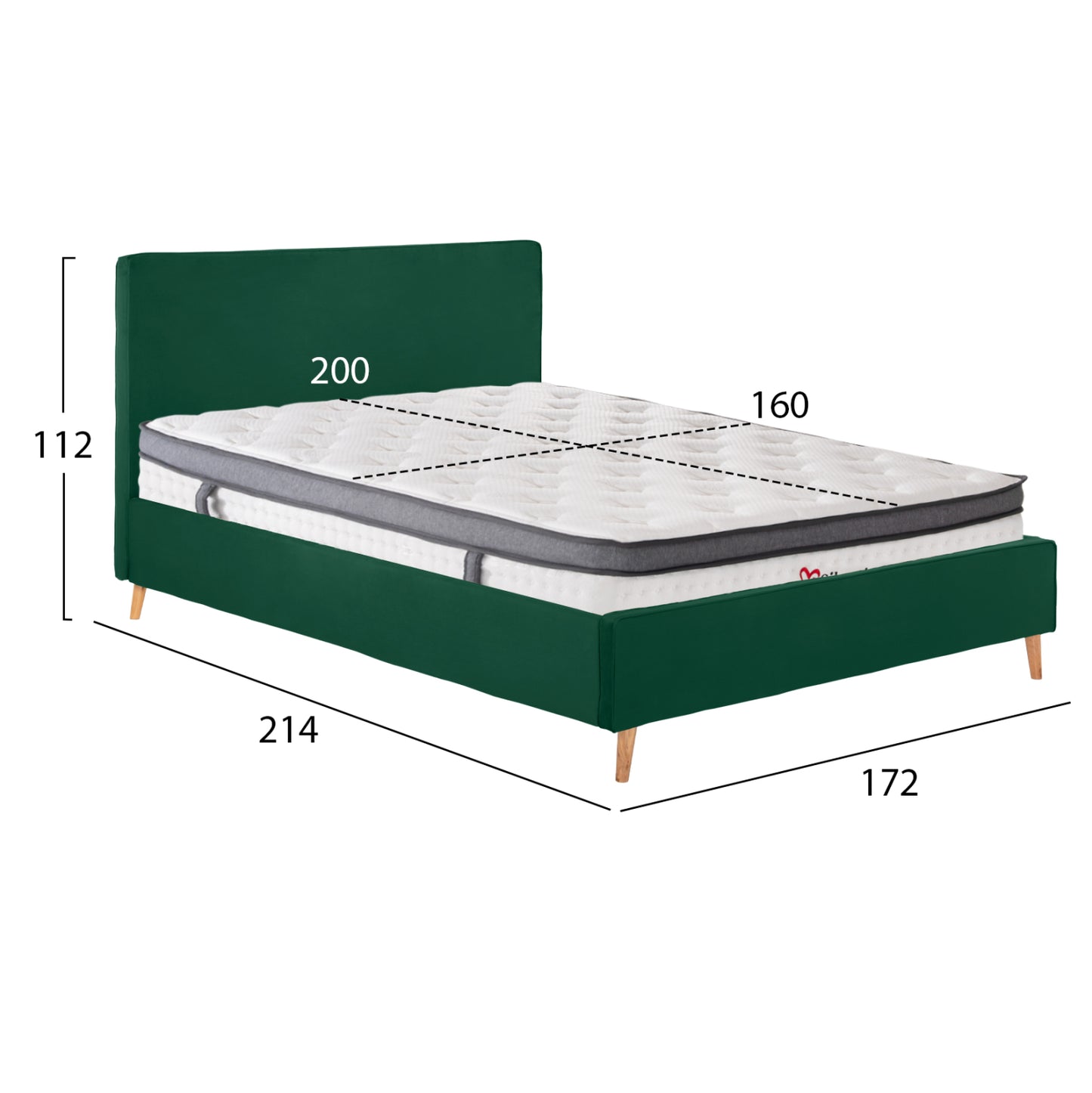 DOUBLE BED WITH MATTRESS INDRA HM10810.13 CYPRESS GREEN VELVET--FOR MATTRESS 160x200cm.