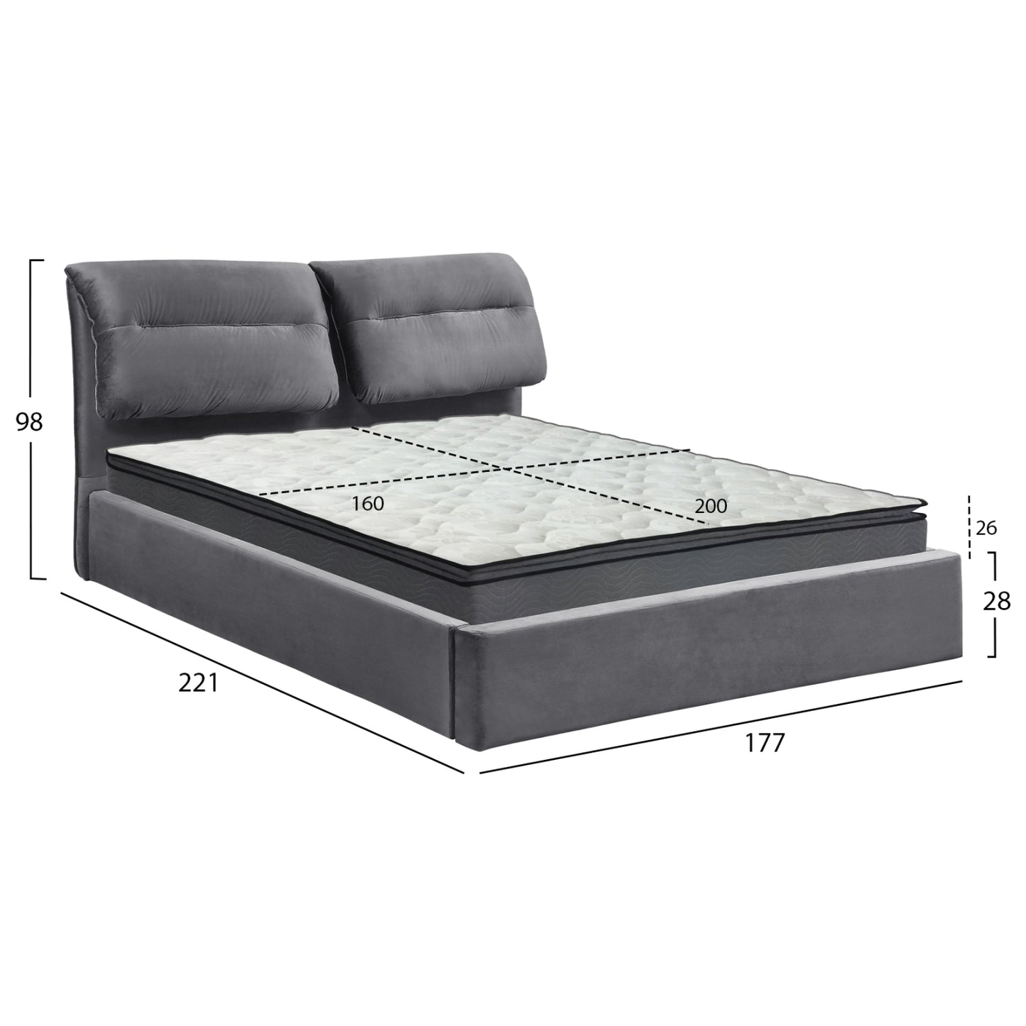 DOUBLE BED WITH MATTRESS KENDRA HM10720.01 GREY VELVET WITH STORAGE SPACE--FOR 160x200cm