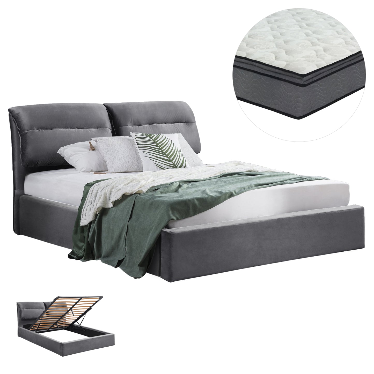 DOUBLE BED WITH MATTRESS KENDRA HM10720.01 GREY VELVET WITH STORAGE SPACE--FOR 160x200cm