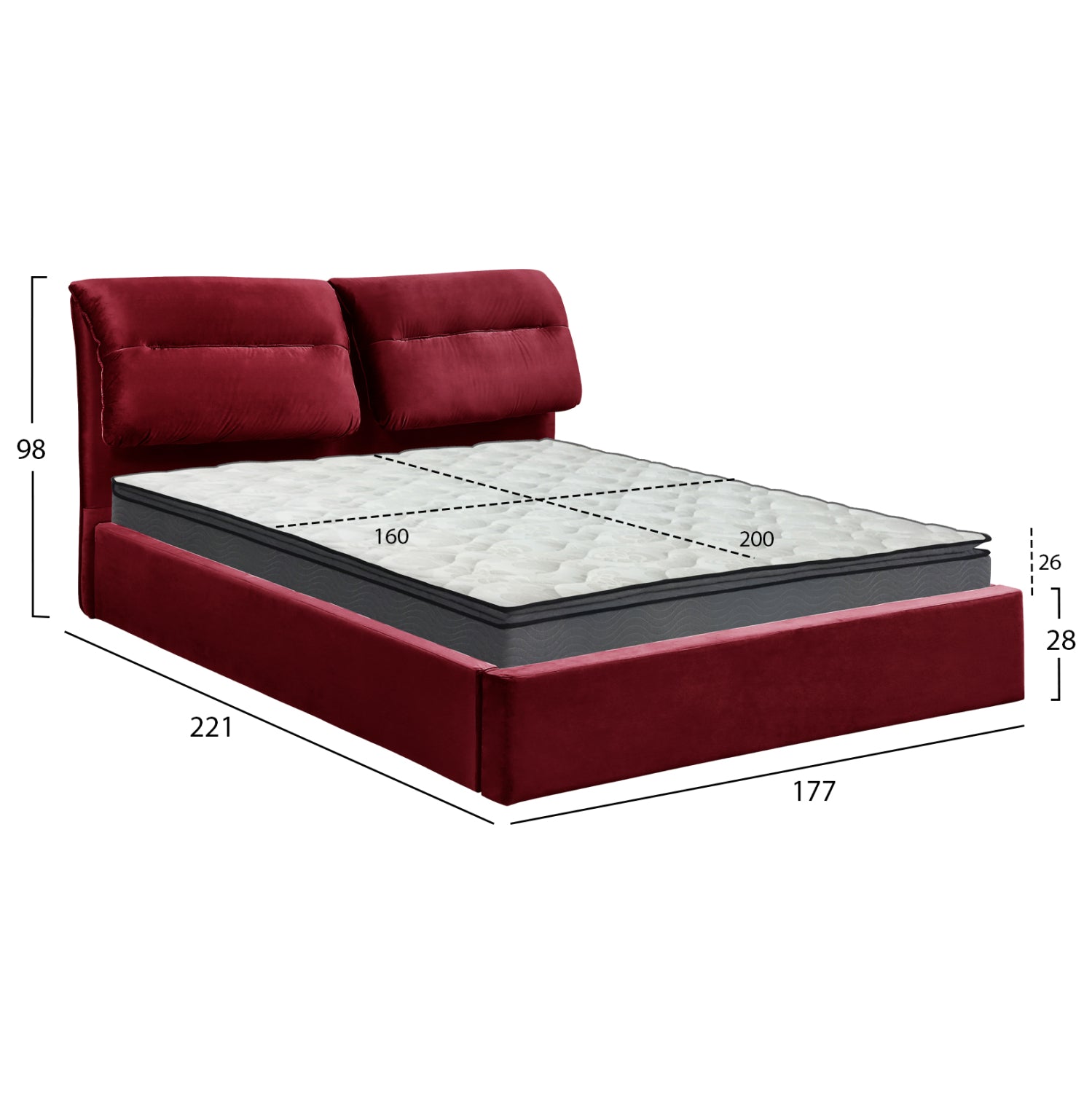 DOUBLE BED & MATTRESS KENDRA HM10720.06 BURGUNDY RED VELVET WITH STORAGE SPACE--FOR 160x200cm