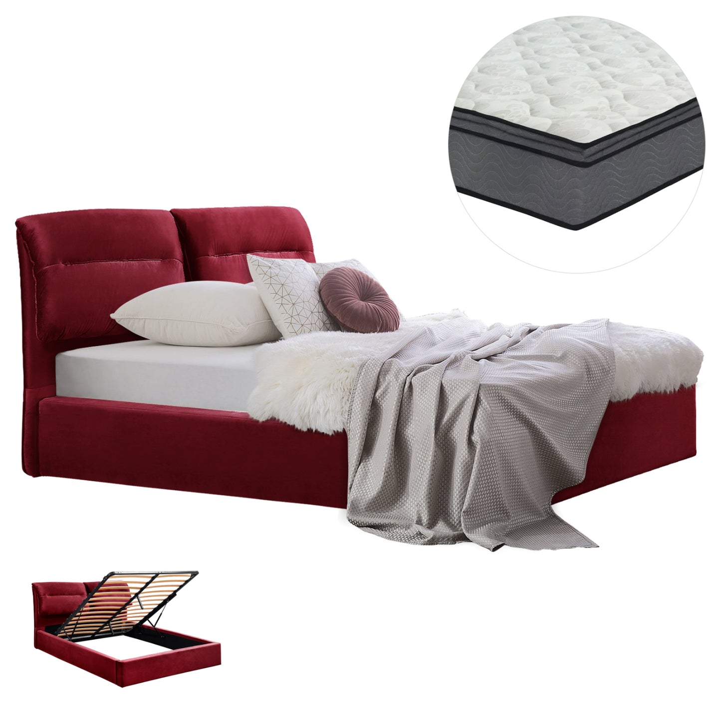 DOUBLE BED & MATTRESS KENDRA HM10720.06 BURGUNDY RED VELVET WITH STORAGE SPACE--FOR 160x200cm