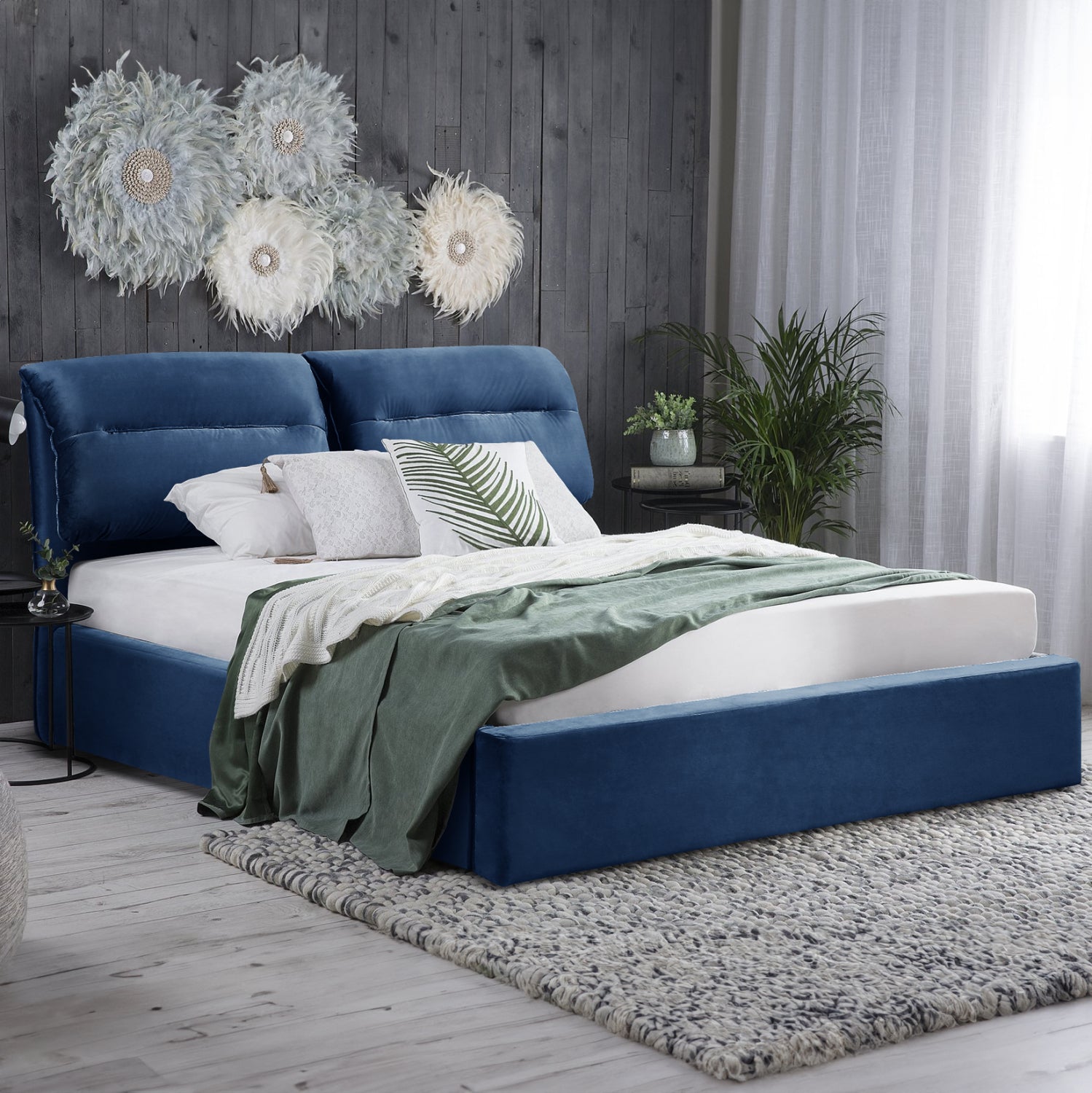 DOUBLE BED & MATTRESS KENDRA HM10831.18 BLUE VELVET WITH STORAGE SPACE--FOR 160x200cm