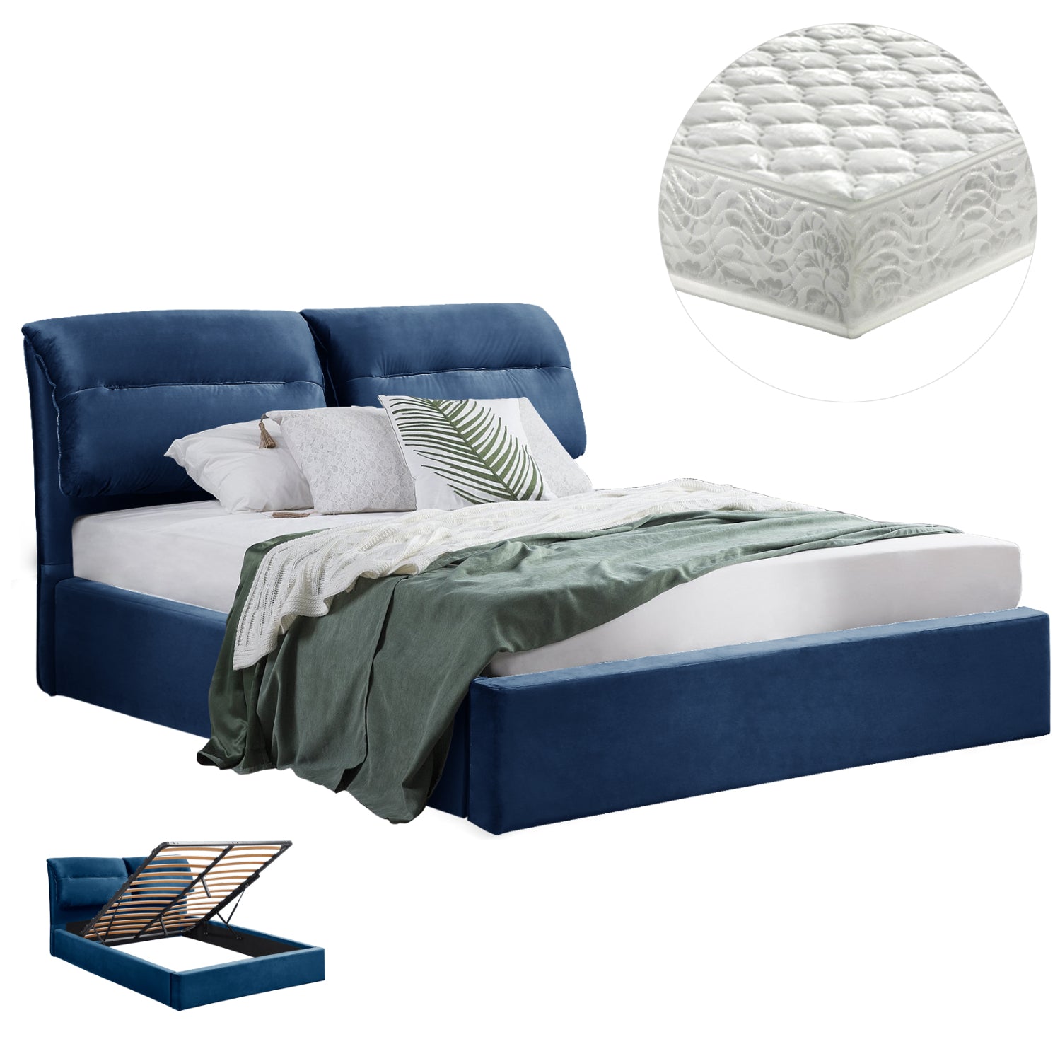DOUBLE BED & MATTRESS KENDRA HM10831.18 BLUE VELVET WITH STORAGE SPACE--FOR 160x200cm