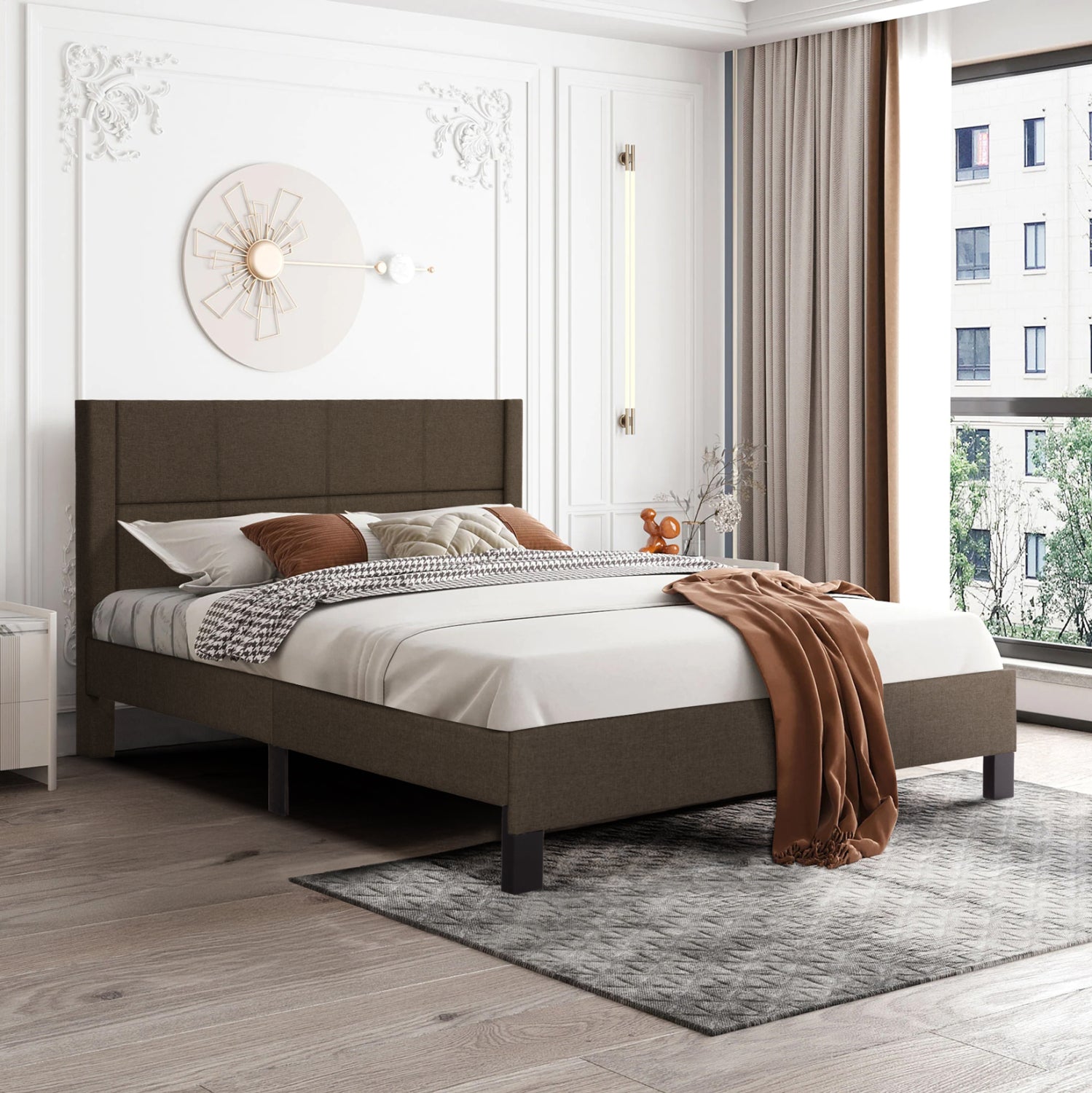 DOUBLE BED WITH MATTRESS TRILLOP HM10763.02 BROWN FABRIC--FOR 160X200cm.