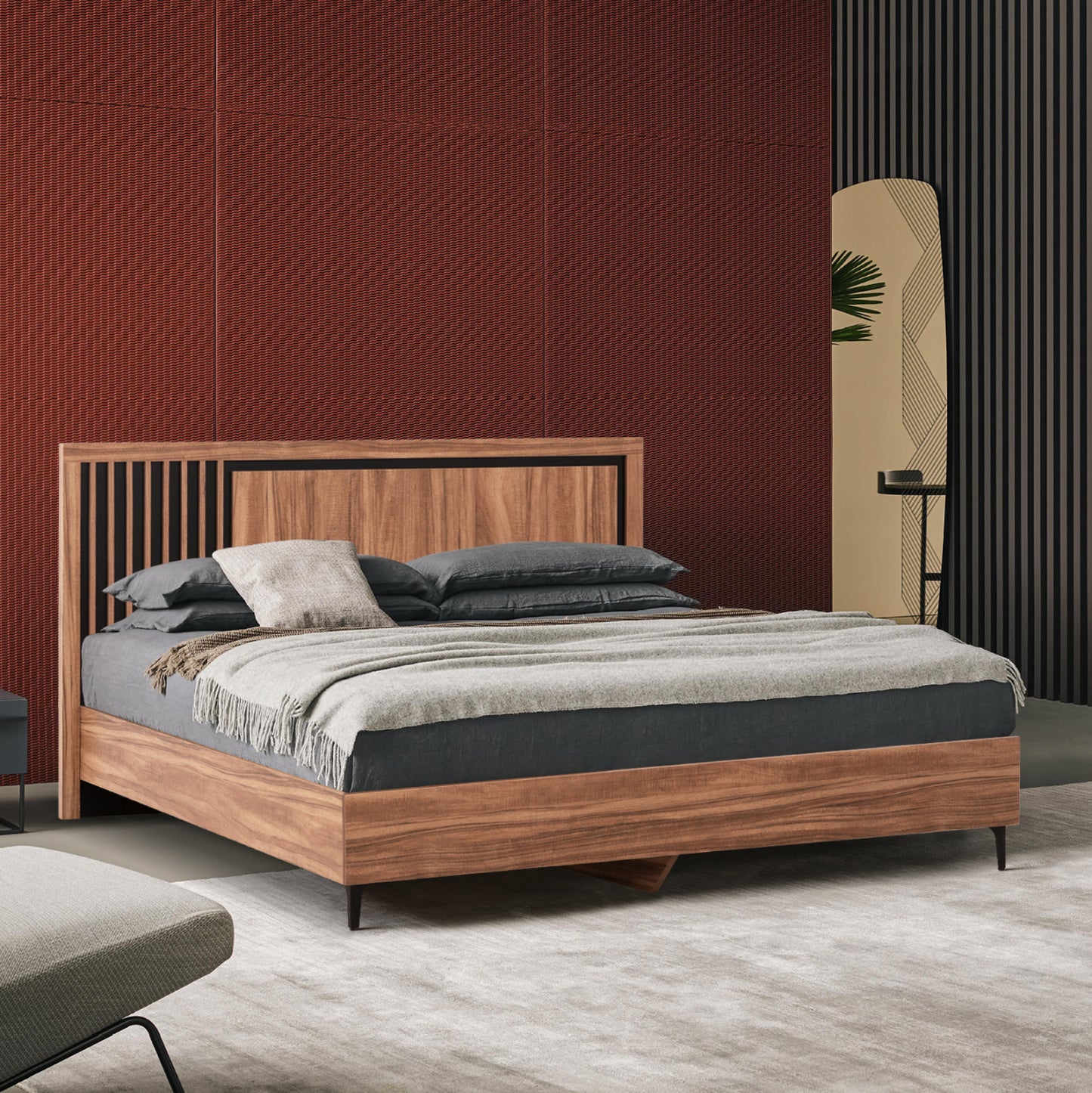 DOUBLE BED WITH MATTRESS HARRY HM10764 MELAMINE IN NATURAL WOOD COLOR & BLACK--FOR 160x200cm