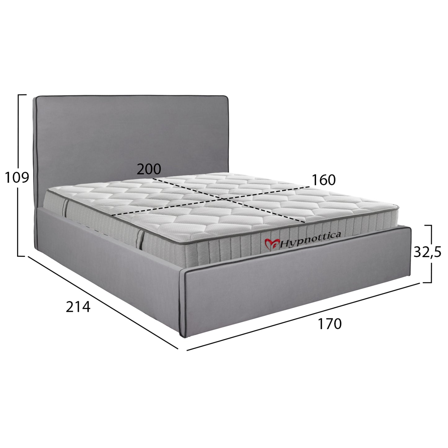 DOUBLE BED WITH MATTRESS ALLIE HM10768.01 GREY FABRIC-WITH STORAGE SPACE--FOR 160x200cm.