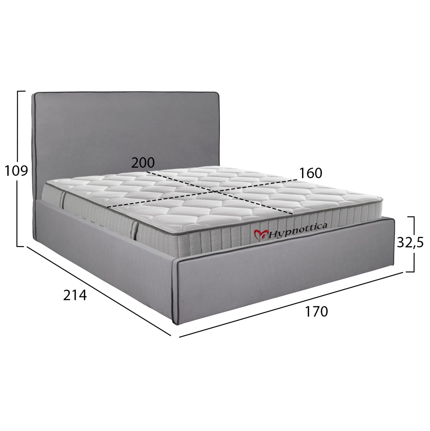 DOUBLE BED WITH MATTRESS ALLIE HM10768.01 GREY FABRIC-WITH STORAGE SPACE--FOR 160x200cm.
