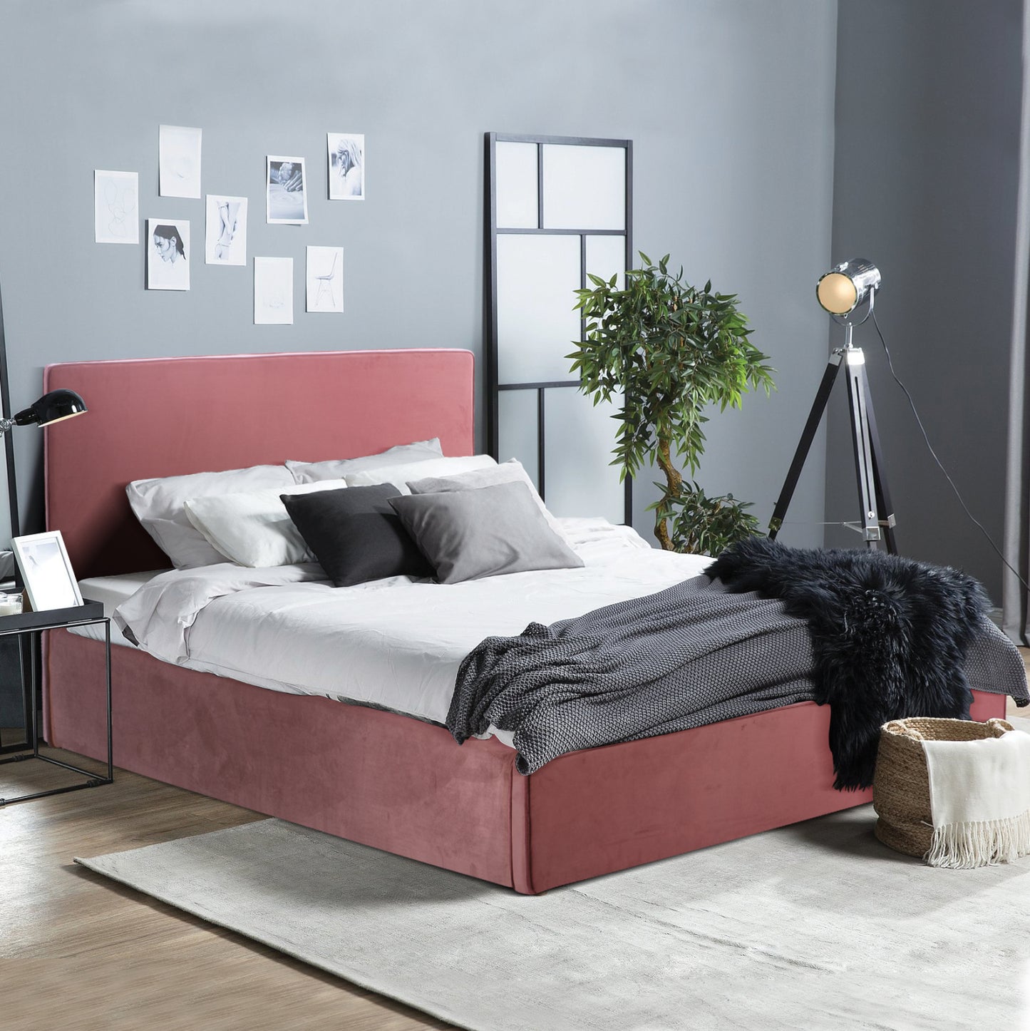 DOUBLE BED WITH MATTRESS ALLIE HM10768.02 DUSTY PINK VELVET-WITH STORAGE SPACE--FOR 160x200cm.