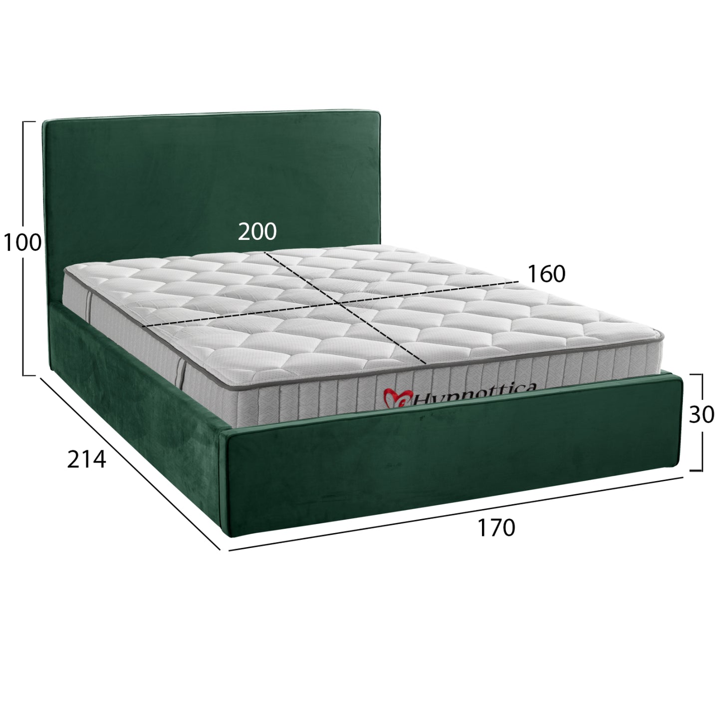 DOUBLE BED WITH MATTRESS ALLIE HM10768.03 CYPRESS GREEN VELVET-WITH STORAGE SPACE--FOR 160x200cm.
