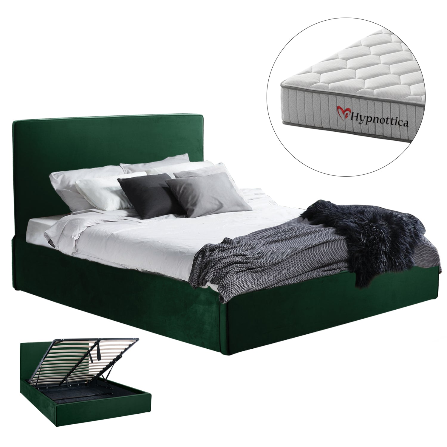 DOUBLE BED WITH MATTRESS ALLIE HM10768.03 CYPRESS GREEN VELVET-WITH STORAGE SPACE--FOR 160x200cm.