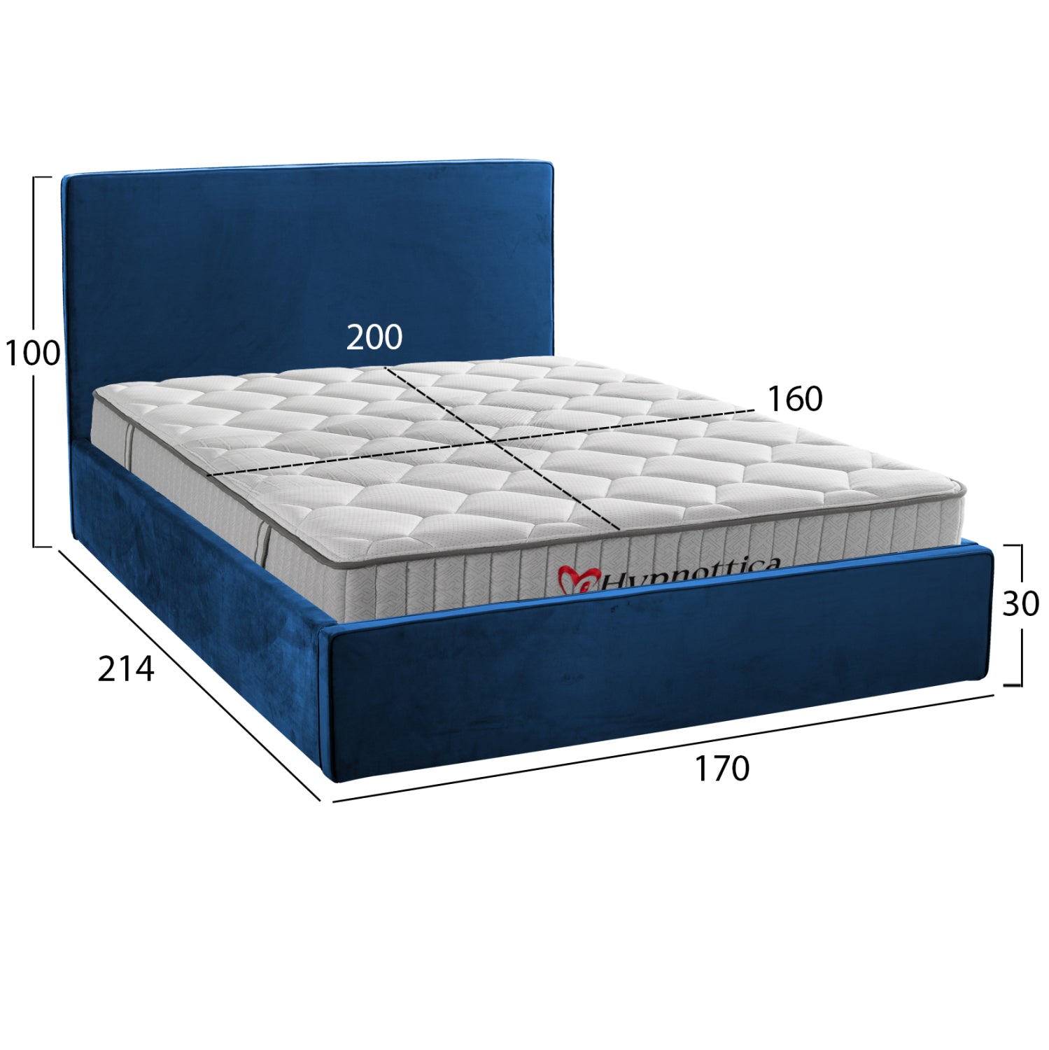 DOUBLE BED WITH MATTRESS ALLIE HM10768.04 BLUE VELVET-WITH STORAGE SPACE--FOR 160x200cm.
