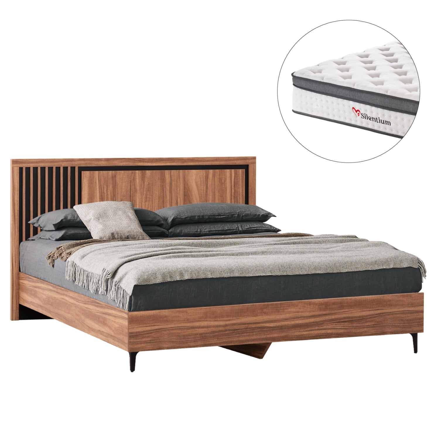 DOUBLE BED WITH MATTRESS HARRY HM10808.01 MELAMINE IN NATURAL WOOD COLOR & BLACK--FOR 160x200cm