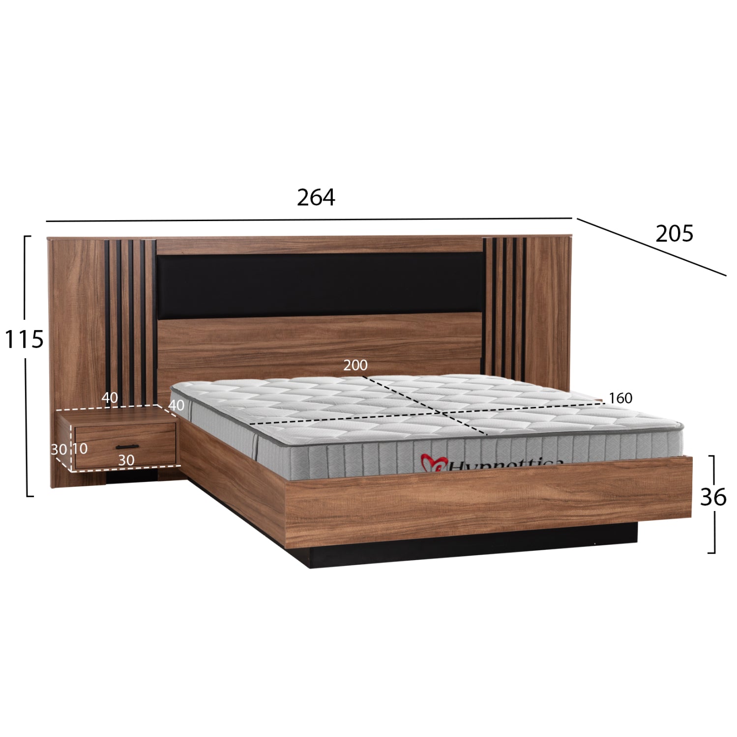DOUBLE BED WITH MATTRESS HARRY HM10914.01 MELAMINE IN NATURAL WOOD COLOR & BLACK--FOR 160x200cm