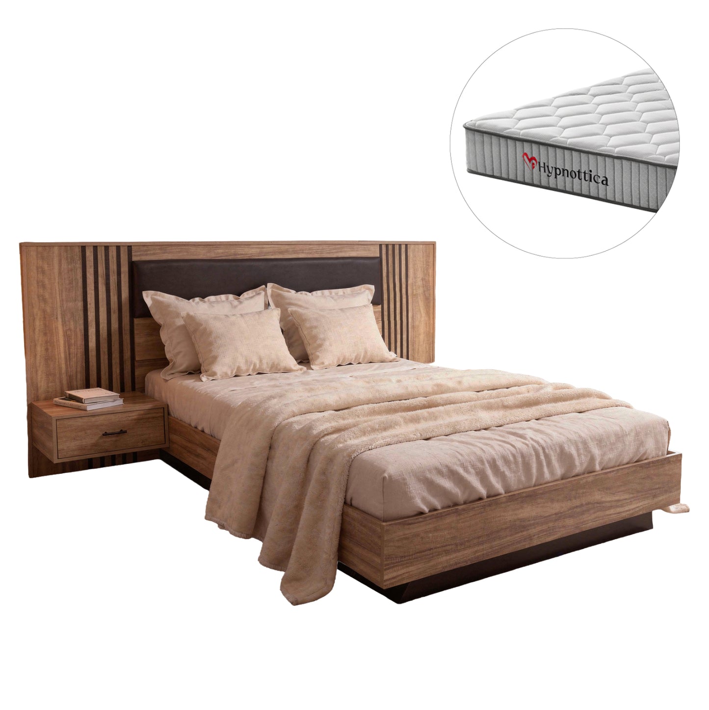DOUBLE BED WITH MATTRESS HARRY HM10914.01 MELAMINE IN NATURAL WOOD COLOR & BLACK--FOR 160x200cm