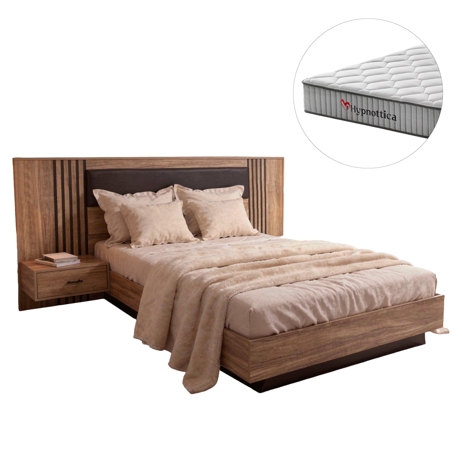 DOUBLE BED WITH MATTRESS HARRY HM10914.01 MELAMINE IN NATURAL WOOD COLOR & BLACK--FOR 160x200cm