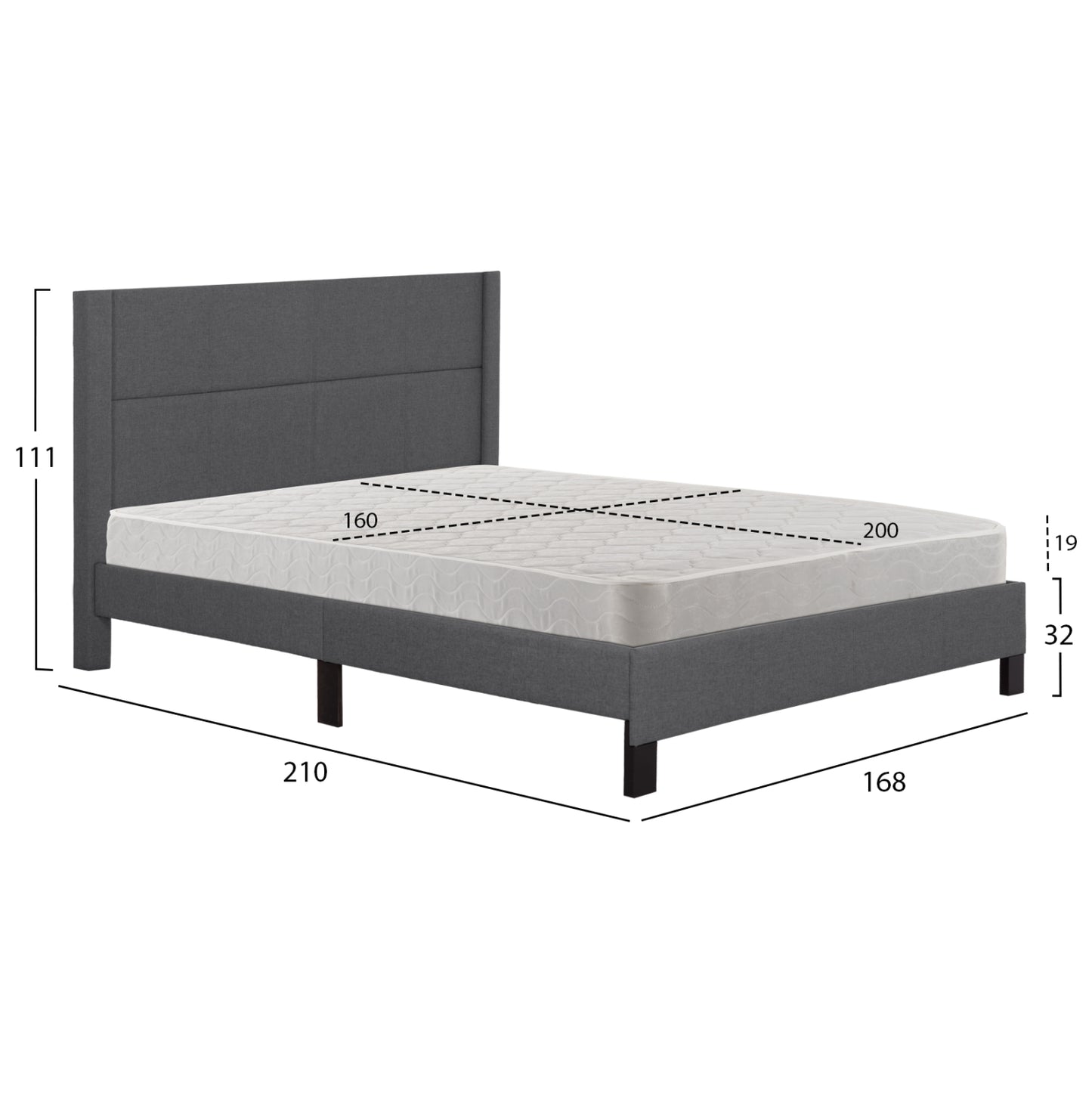 DOUBLE BED WITH MATTRESS TRILLOP HM21202.12 GREY FABRIC--FOR 160X200cm.
