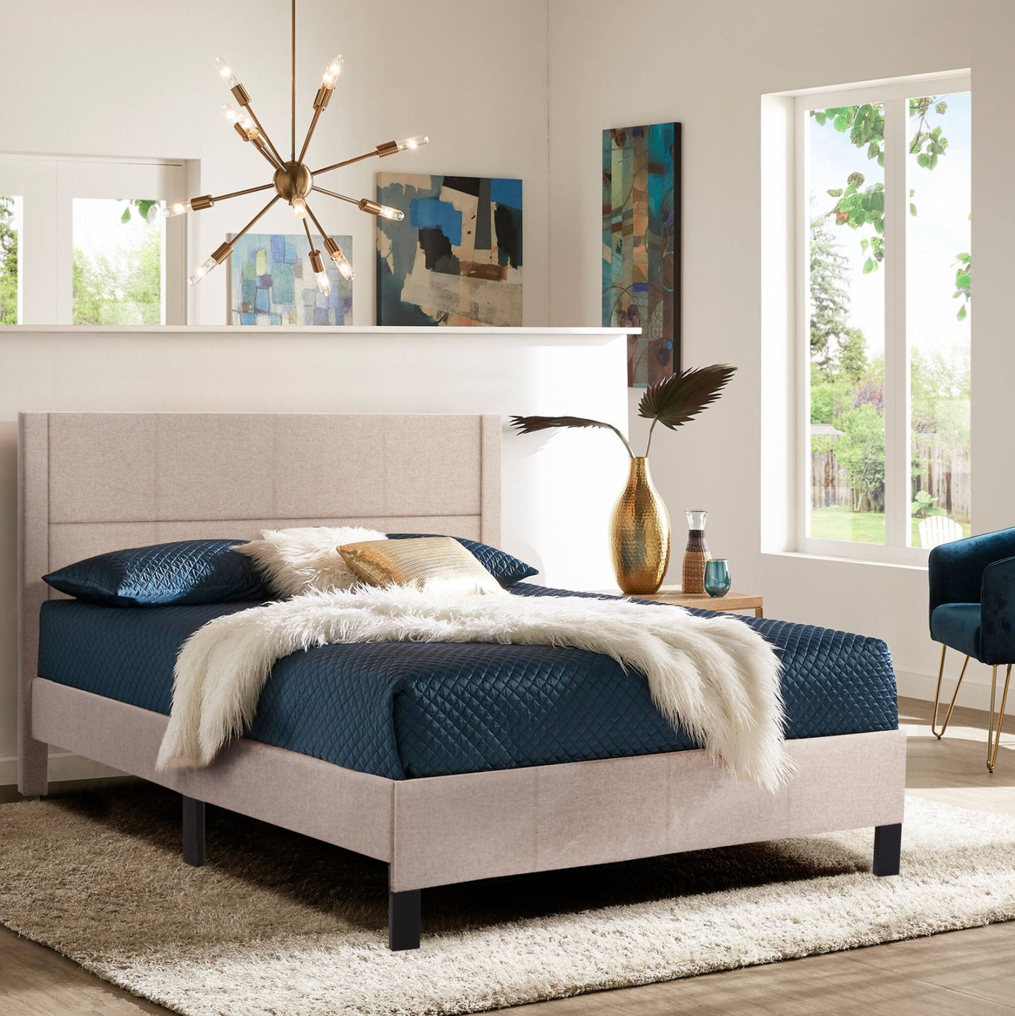 DOUBLE BED WITH MATTRESS TRILLOP HM21202.15 BEIGE FABRIC--FOR 160X200cm.
