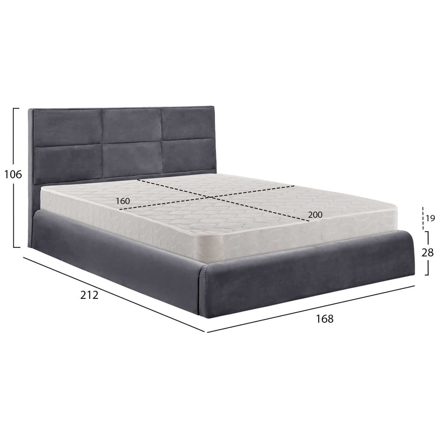 DOUBLE BED WITH MATTRESS BRILEY HM21272.01 GREY VELVET WITH STORAGE SPACE--FOR 160x200cm