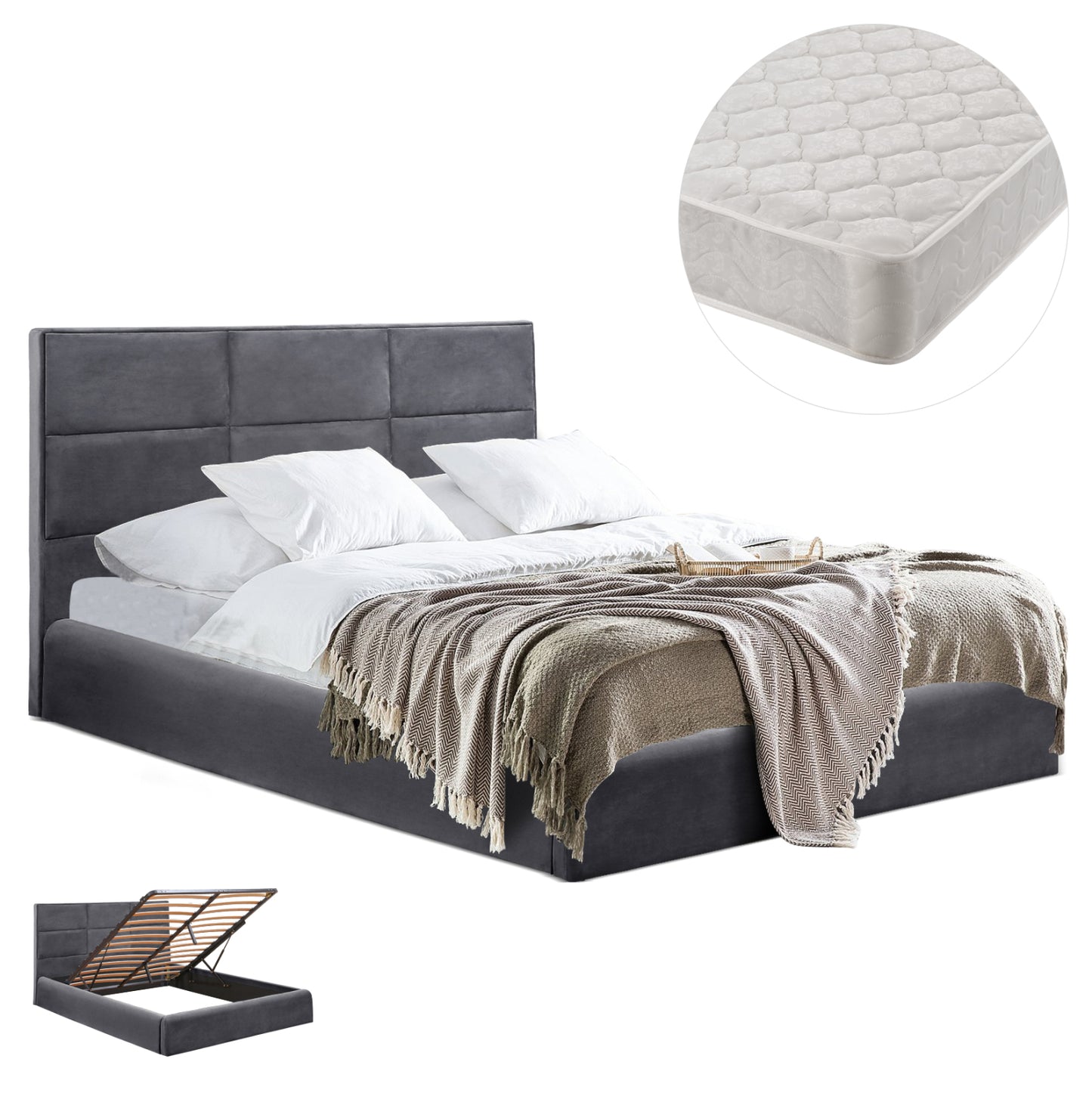 DOUBLE BED WITH MATTRESS BRILEY HM21272.01 GREY VELVET WITH STORAGE SPACE--FOR 160x200cm